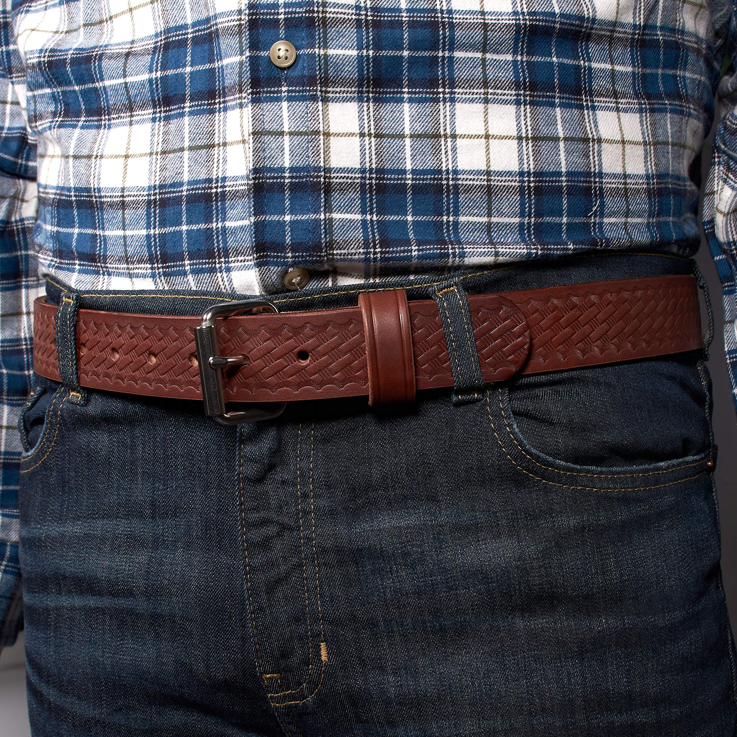 Old Timer Heavy Duty 14 oz Leather Gun Belt - Basketweave Embossed Concealed Carry CCW Belt - Handmade in USA - Perfect for Everyday Carry & Outdoor Activities