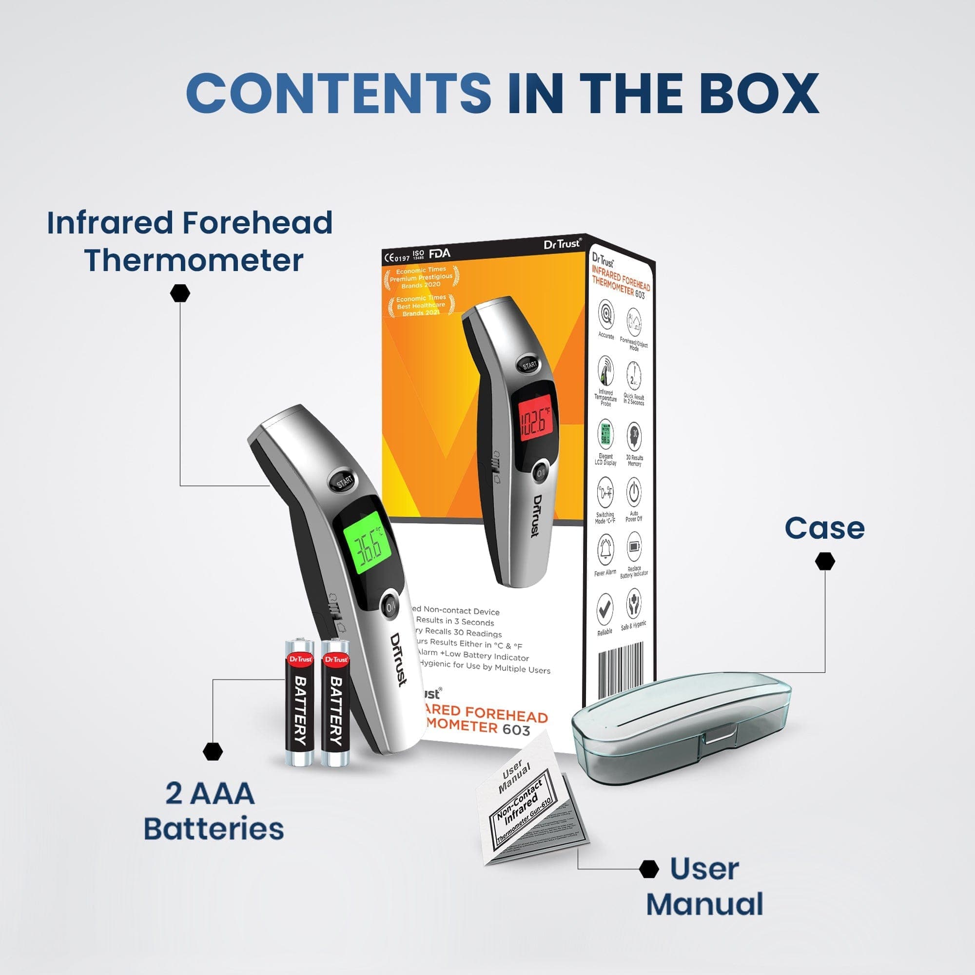 Dr Trust USA Non-Contact Infrared Forehead Thermometer - Fast & Accurate Digital IR Temperature Scanner for Adults, Kids & Babies - Perfect for Home, Office & Travel Use