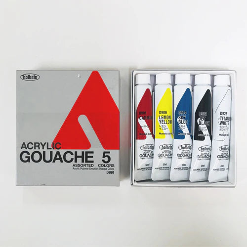 Holbein Acryla Gouache Paint Set - 5 Vibrant Colors (12ml Tubes) - Perfect for Professional Artists & Watercolor Enthusiasts - Ideal for Illustration, Calligraphy & Mixed Media Art Projects