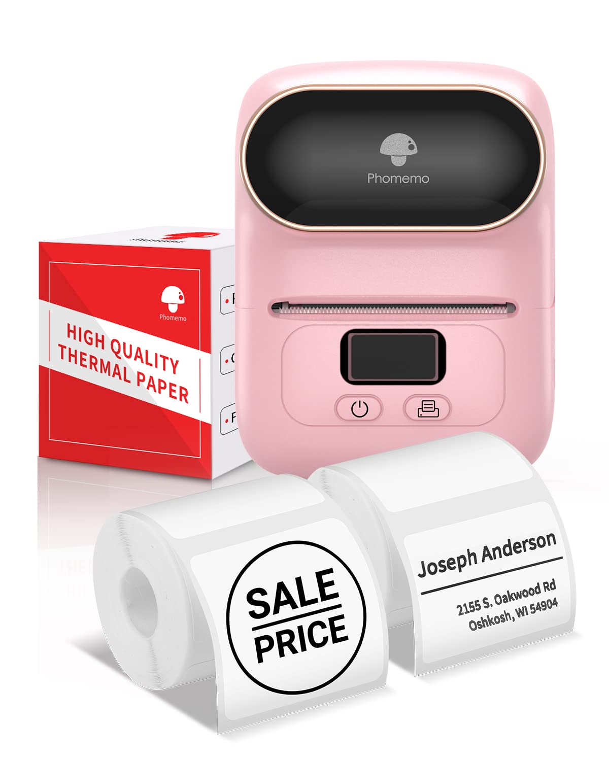 Phomemo M110 Bluetooth Thermal Barcode Label Printer - 50×50mm Sticker Printer for Retail, Shipping, Jewelry & Cable Labeling | iOS & Android Compatible | Pink | Perfect for Small Business & Home Organization