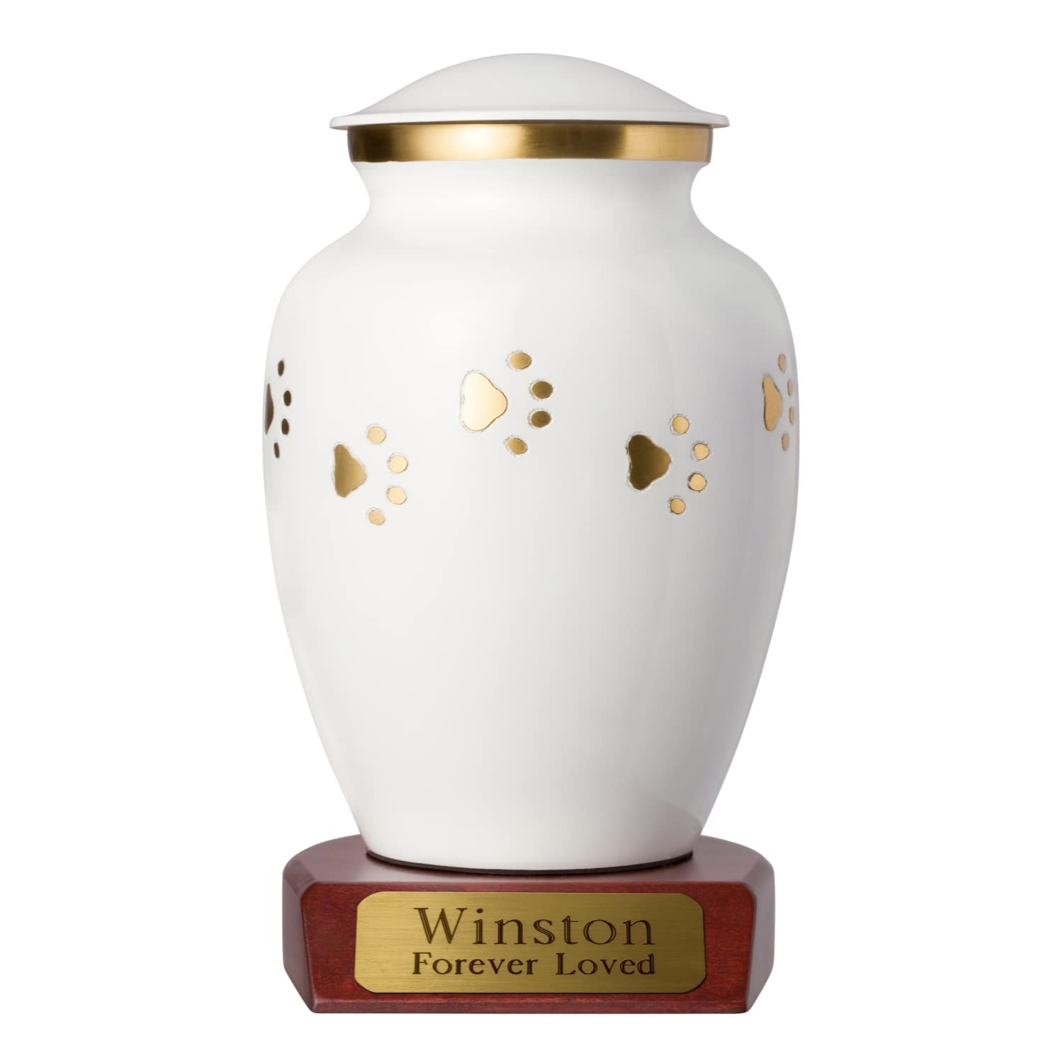 Pet Urn for Dogs and Cats - Ottillie Paws Tribute Series, Small Cloud White with Horizontal Brass Paws, Walnut Base, Brass/Black Plate - Perfect for Memorial Keepsakes and Home Display