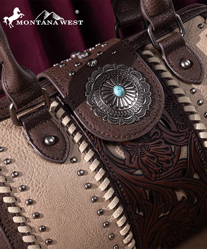 Montana West Genuine Leather Tooled Concho Barrel Satchel Bag for Women - Western Style Crossbody Purse for Cowgirl Fashion & Everyday Use