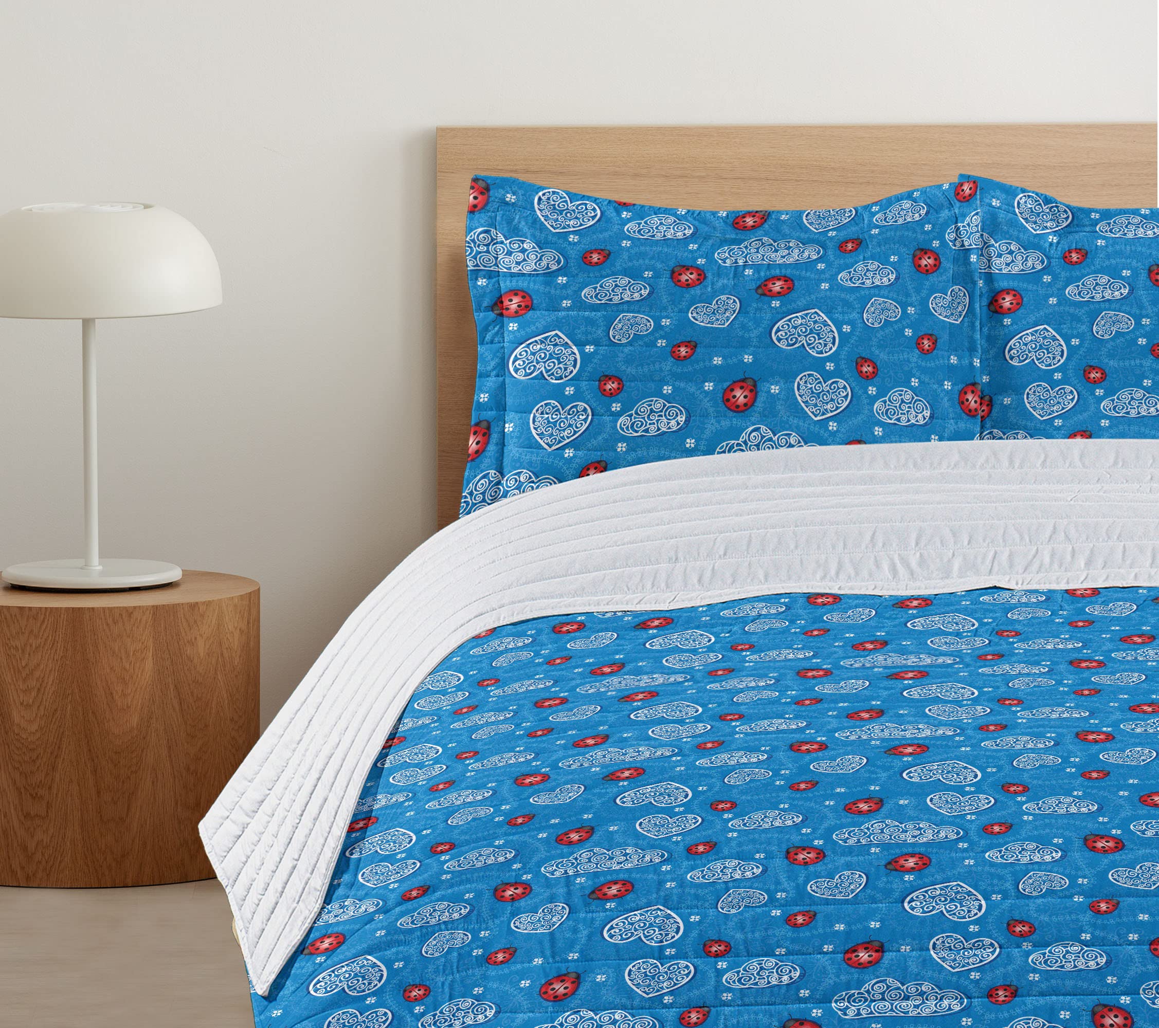 Ambesonne Ladybugs Microfiber Bedspread Set - Queen Size Blue Red, Soft Bedding with Pillow Shams & Comforter, Ladybug and Cloud Art Design - Perfect for Kids' Rooms, Guest Bedrooms, and Nature-Themed Decor