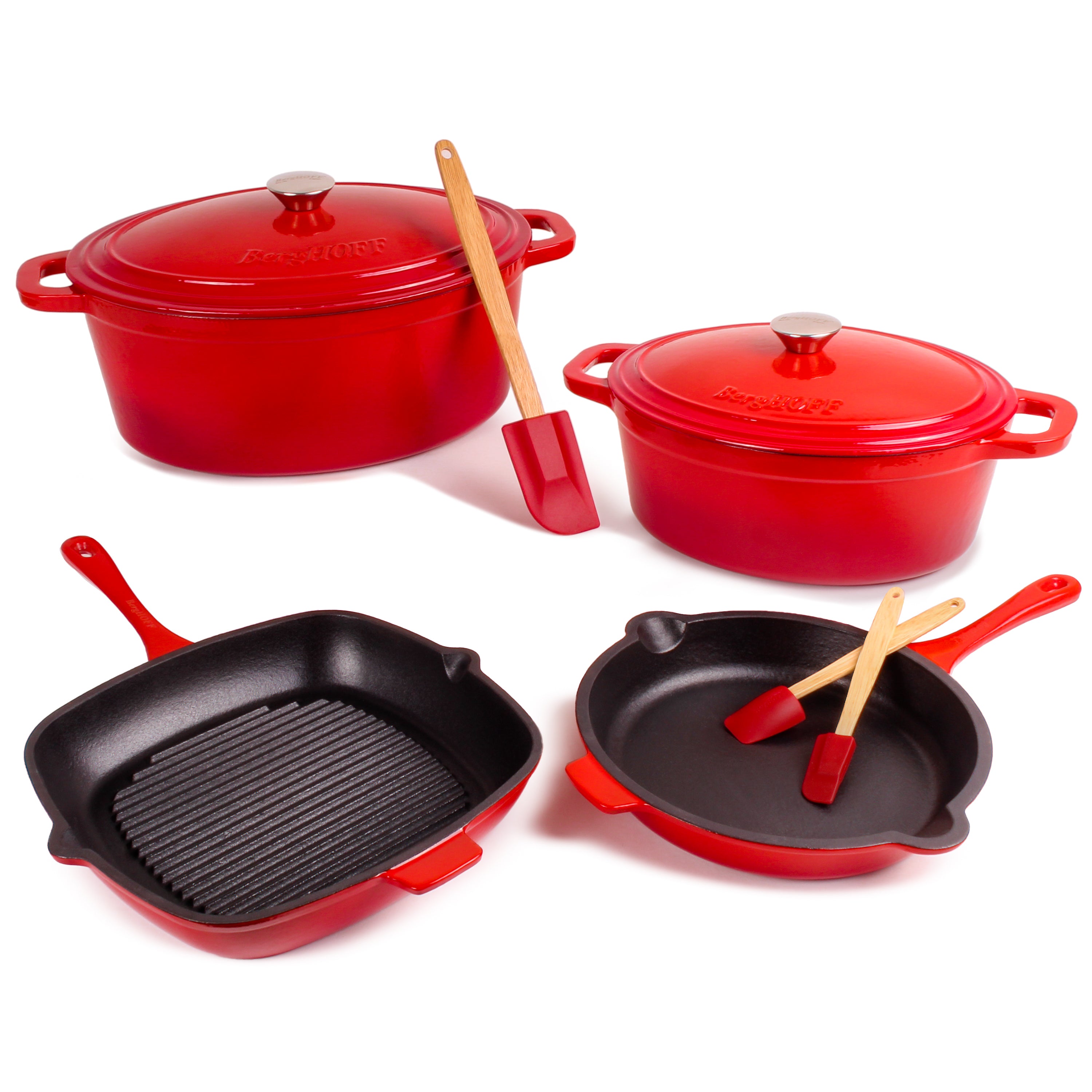 BergHOFF Neo 9-Piece Cast Iron Cookware Set in Red | Durable Non-Stick Kitchen Pots & Pans | Perfect for Stovetop, Oven & Outdoor Cooking