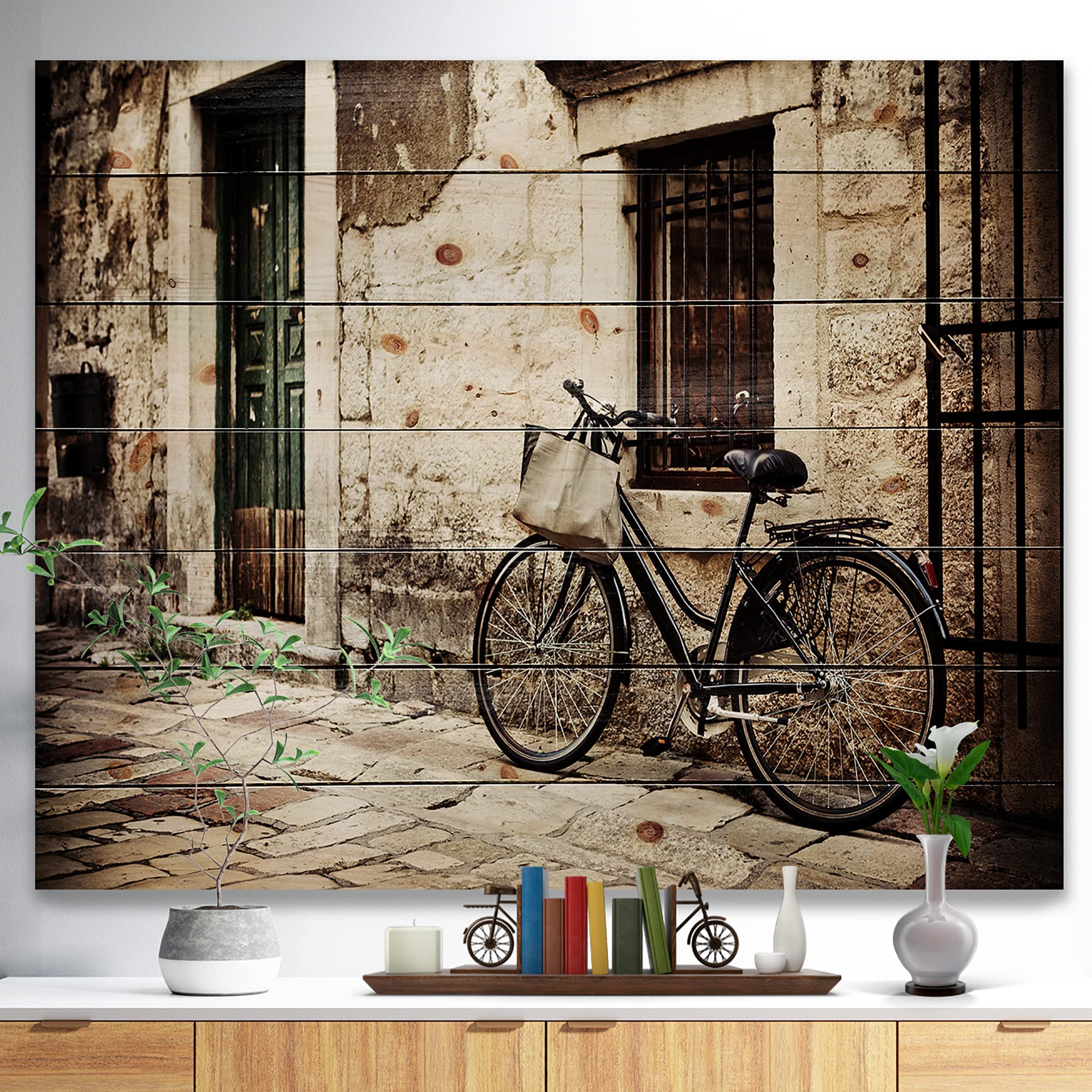 French Country Wood Wall Decor - Bicycle with Shopping Bag, Black Wood Wall Art, Large Landscape Wood Panels Printed on Natural Pine - Perfect for Living Room, Bedroom, or Kitchen Decor