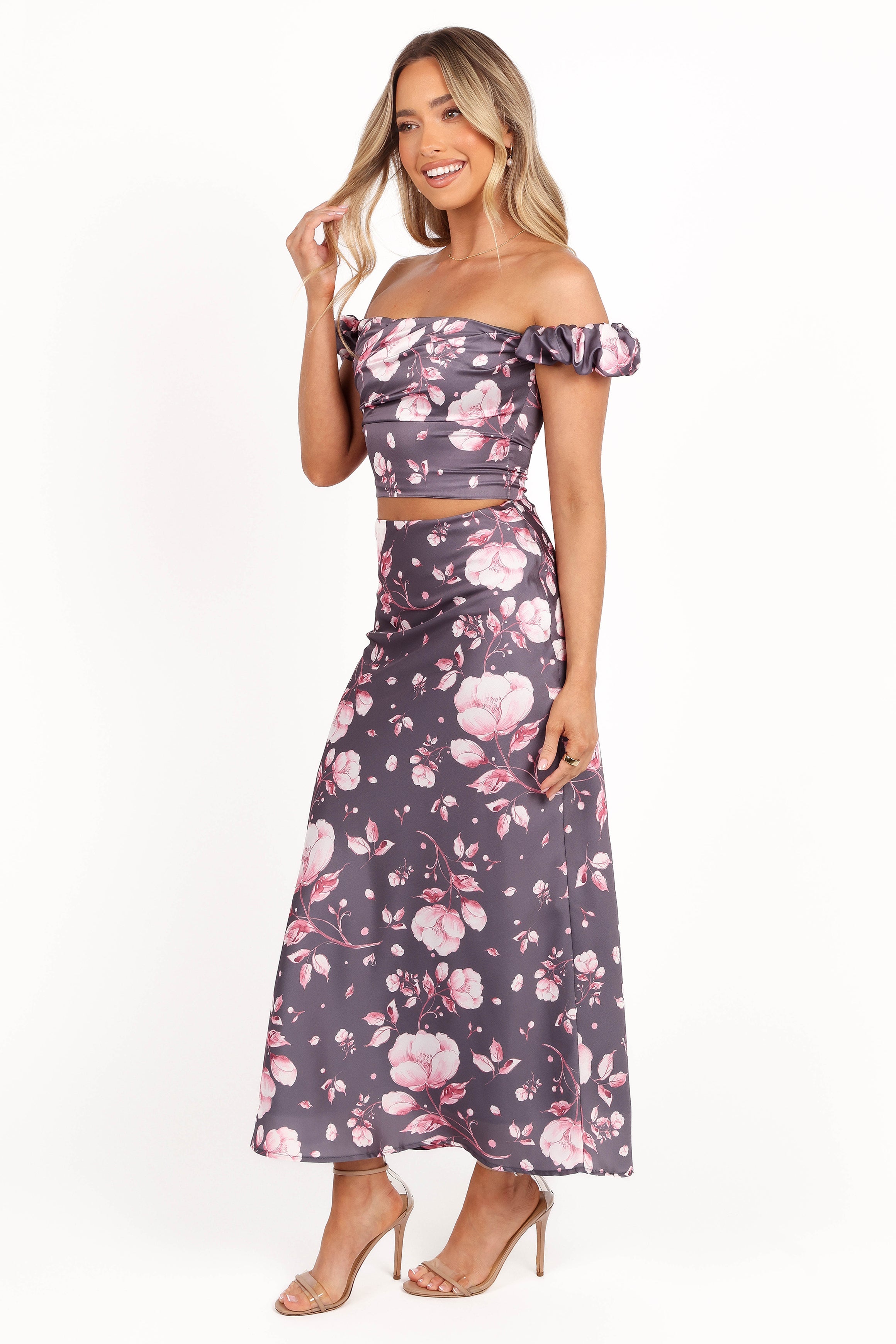 Arabella Two Piece Set - Stylish Steel Grey Floral Outfit for Women | Summer Casual Wear, Beach Vacation, Date Night Outfits