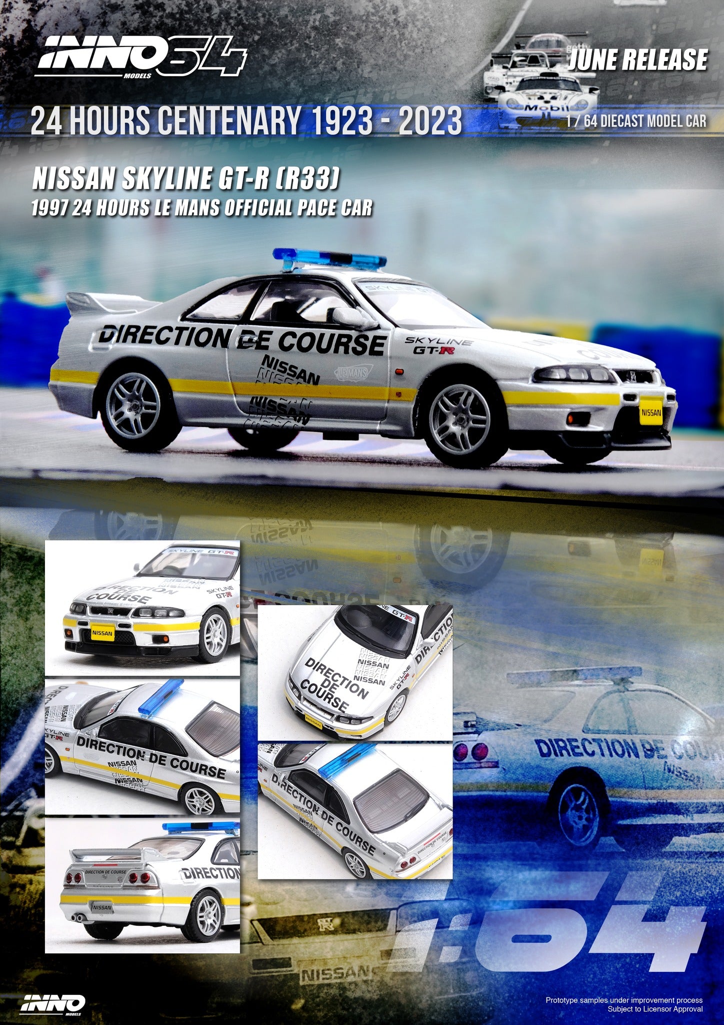 INNO64 1:64 Scale Diecast Model - 1997 Nissan Skyline GT-R (R33) 24 Hours Le Mans Official Pace Car - Collectible Miniature Race Car for Display, Gifts & Racing Enthusiasts