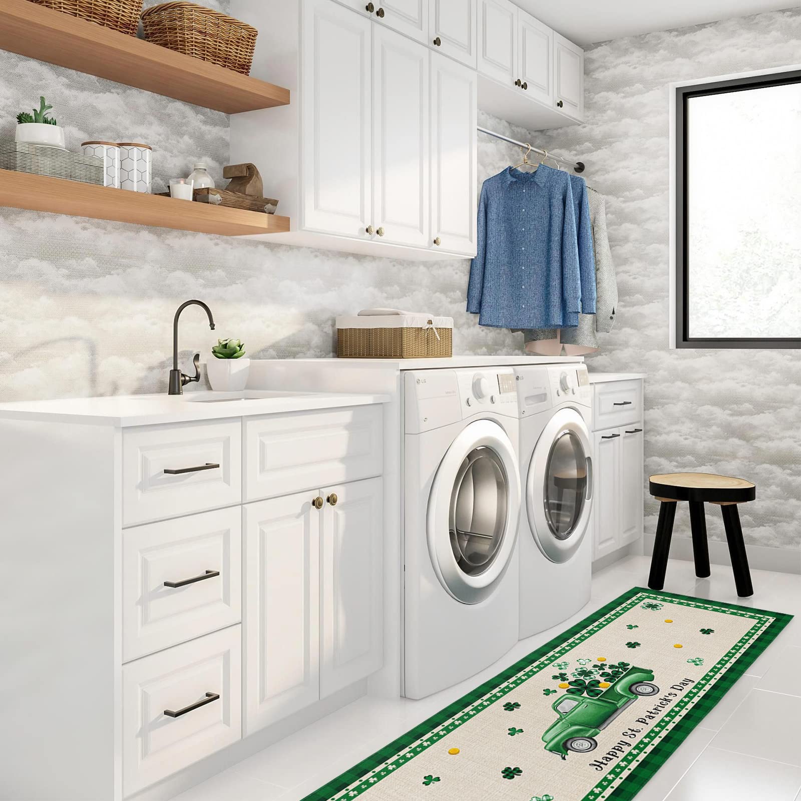St. Patrick's Day Non-Slip Kitchen Runner Rug - Green Checkered Washable Doormat with Clover & Gold Design (23.6