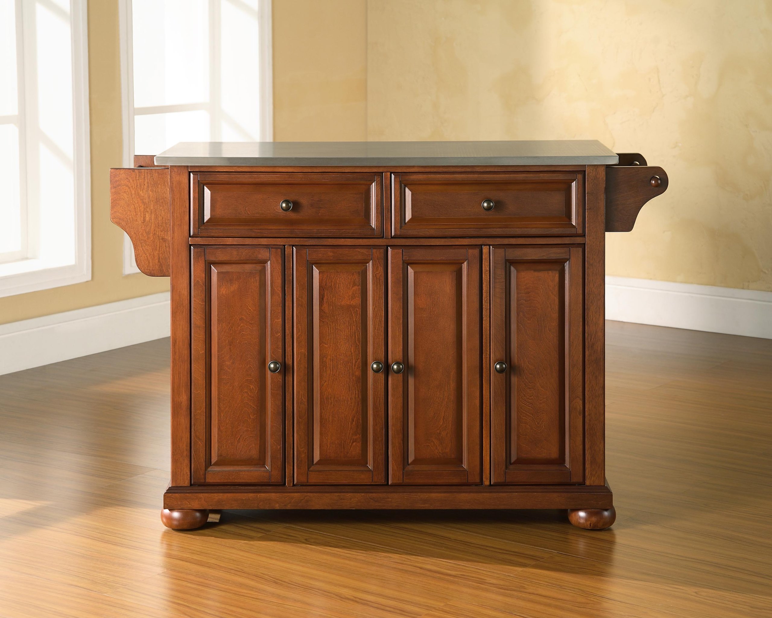 Crosley Alexandria Stainless Steel Rolling Kitchen Island Cart with Storage & Spice Rack - Cherry Finish for Modern Kitchens, Small Spaces & Entertaining
