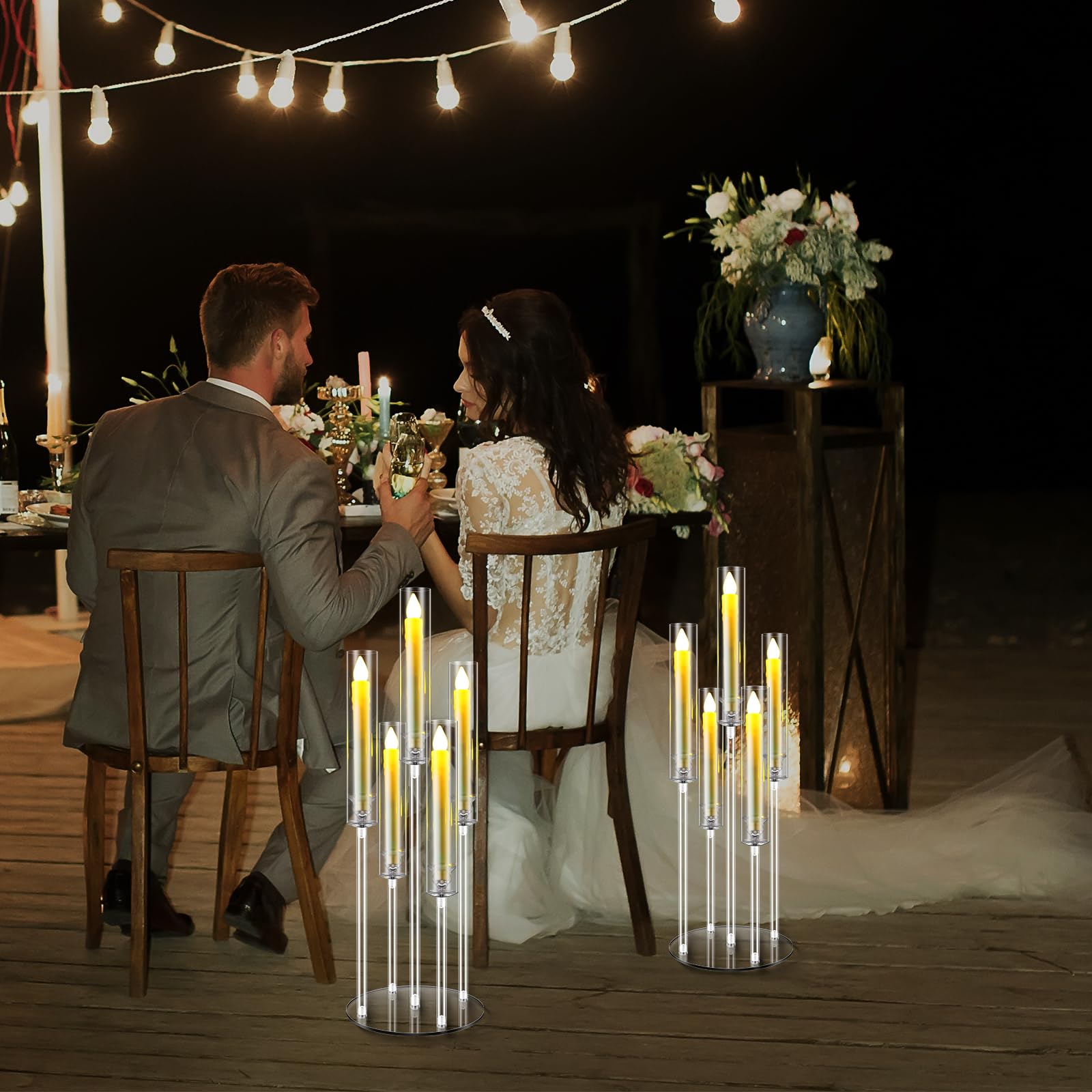 5-Arm Acrylic Clear Candelabra Centerpiece Set with LED Candles & Shades - Elegant Table Decor for Weddings, Parties, Fireplace & Dining Room (4 Sets) - Perfect for Romantic Dinners, Holiday Decorations and Special Events