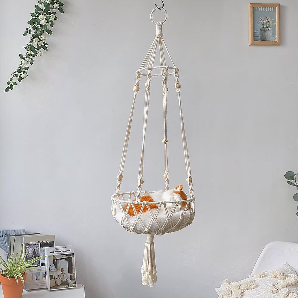 Bohemian Handwoven Macrame Hanging Cat Hammock Bed for Sleeping, Playing & Lounging - Indoor/Outdoor Pet Swing Bed for Home Decor - Perfect for Living Rooms, Balconies & Catios