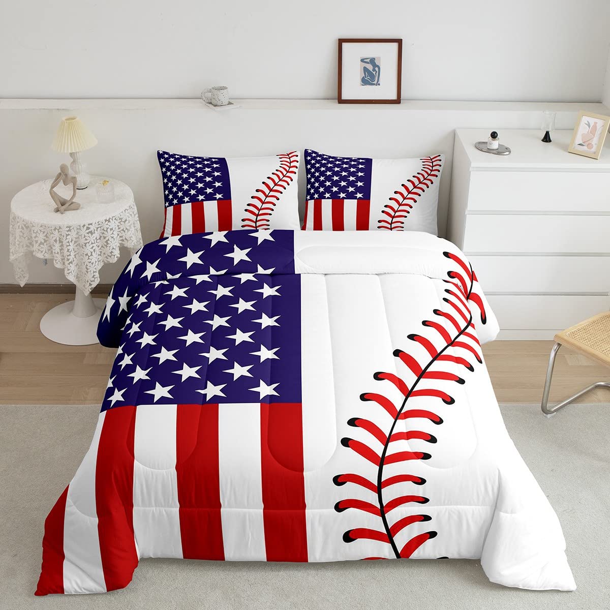 American Flag Comforter Set Twin - Abstract Baseball Bedding 2pc for Kids, Teens & Adults | Sports Themed Quilt with Pillowcase | Red & White Duvet Cover | Perfect for Boys Room, Game Day Decor & Patriotic Bedroom Style