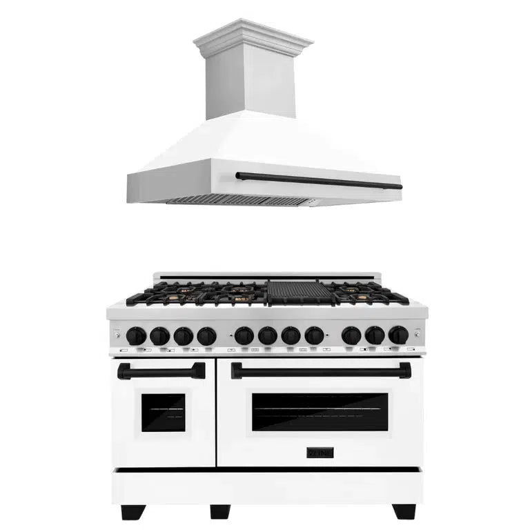 ZLINE Autograph Edition 48-inch Stainless Steel Dual Fuel Range with White Matte Door & Matte Black Range Hood - Professional Kitchen Package (2AKP RAWMRH48 MB) | Ideal for Modern Home Chefs & Gourmet Cooking Enthusiasts