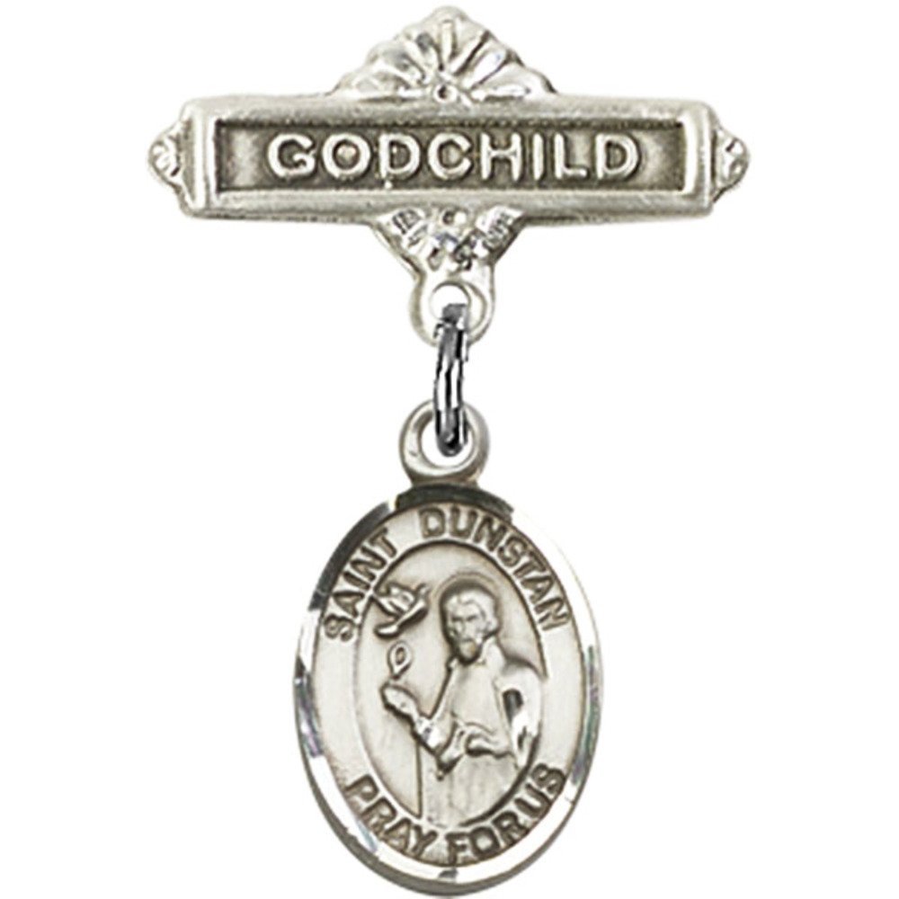 Sterling Silver Baby Badge with St. Dunstan Charm - 1 X 5/8 Inch Godchild Gift Pin - Perfect for Christening, Baptism & First Communion Ceremonies