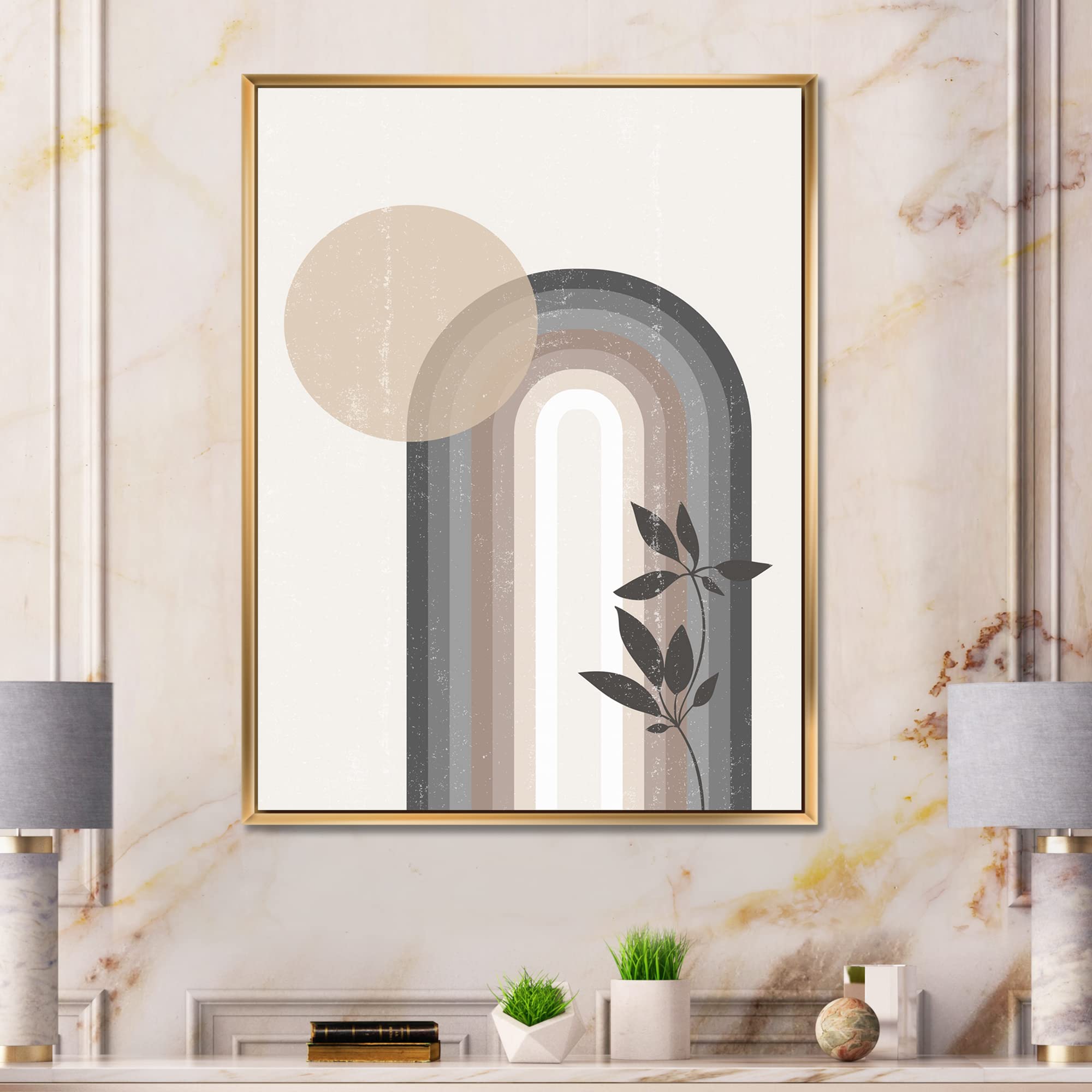 Abstract Rainbow Sun and Moon Wall Art - Earth Tone Framed Canvas Print for Living Room & Bedroom Decor | Modern Home Office Painting
