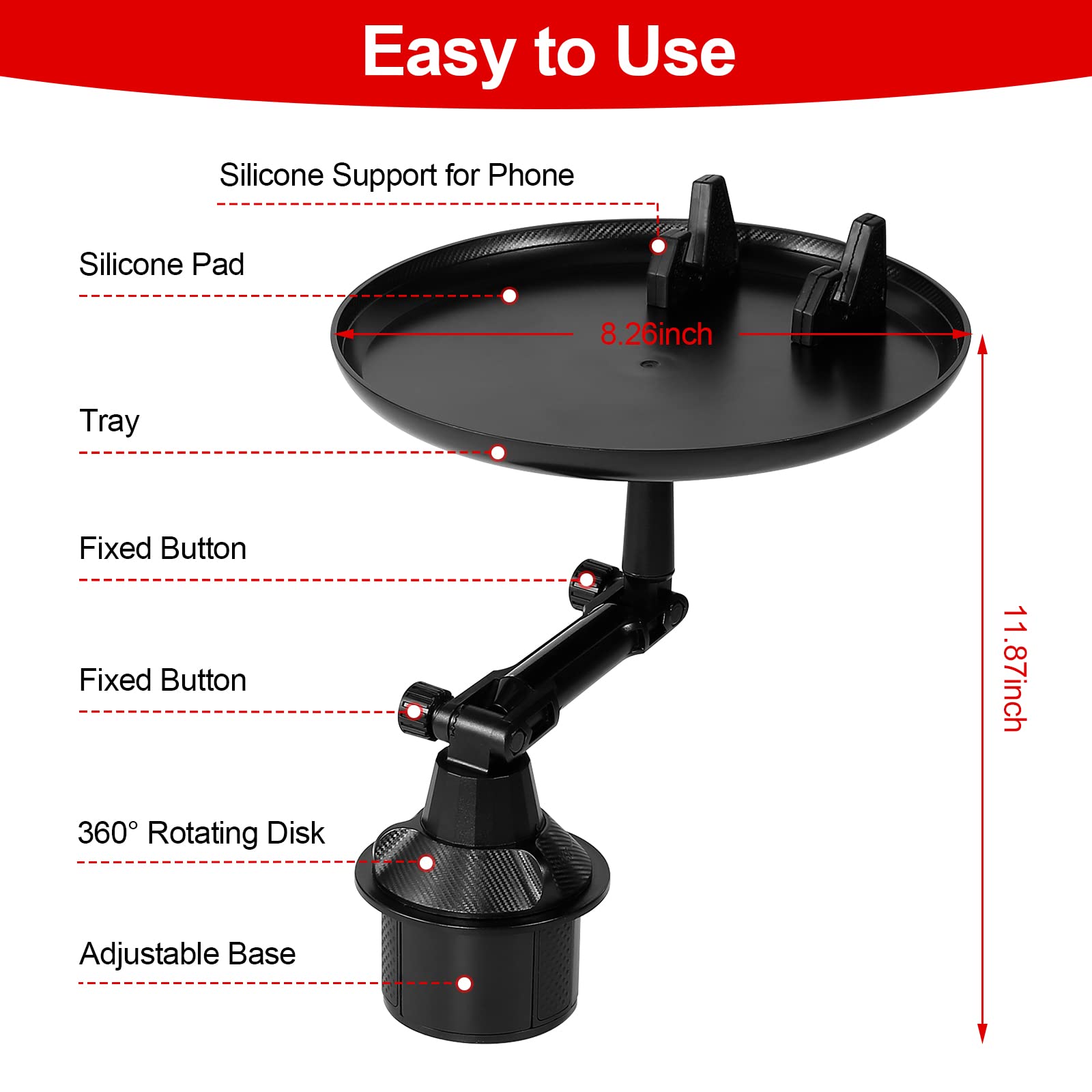 VIVP Adjustable Car Cup Holder Tray with Phone Holder - Universal Car Tray Table for Eating, Drinking & Working - Perfect for Road Trips, Commuting & Fast Food Meals in Any Vehicle