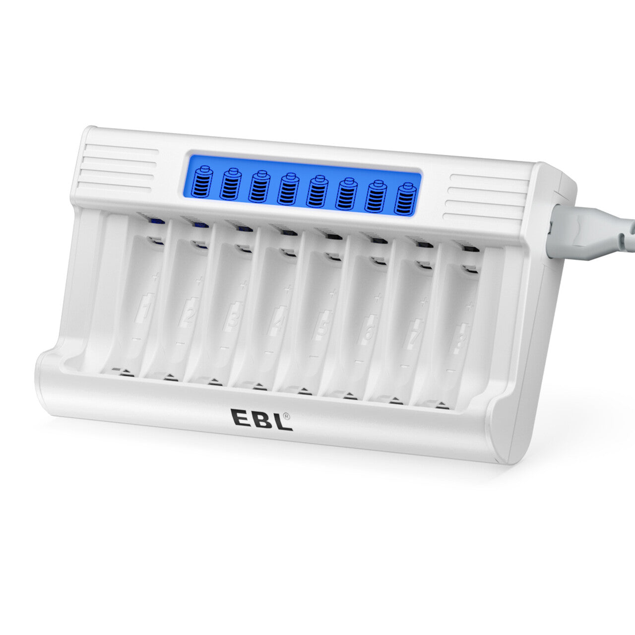 EBL RM 76 8 Bay AA AAA NiMH Battery Charger with LCD Display - Fast Charging for Rechargeable Batteries - Perfect for Cameras, Toys, and Electronic Devices