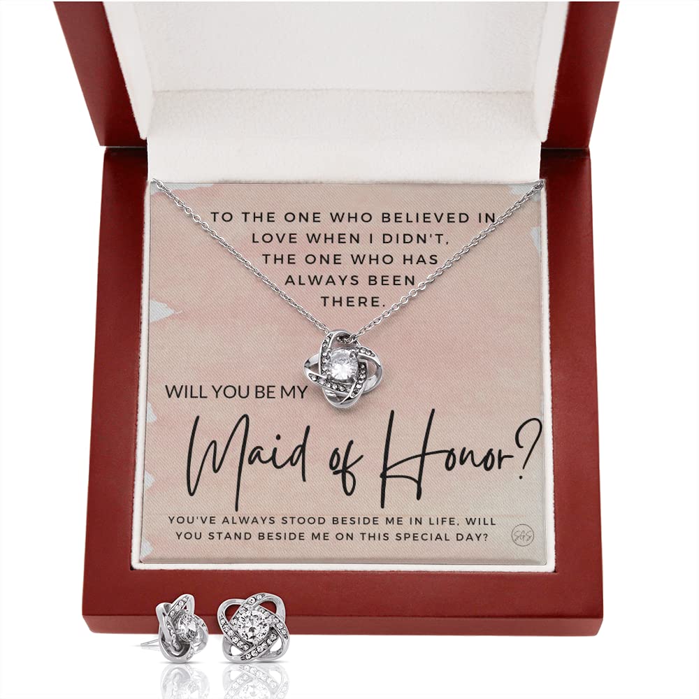 Elegant Maid of Honor Proposal Jewelry Set - Sterling Silver Earrings & Necklace Gift for Bridesmaids | Perfect Bridal Shower, Wedding Proposal & Bachelorette Party Accessories