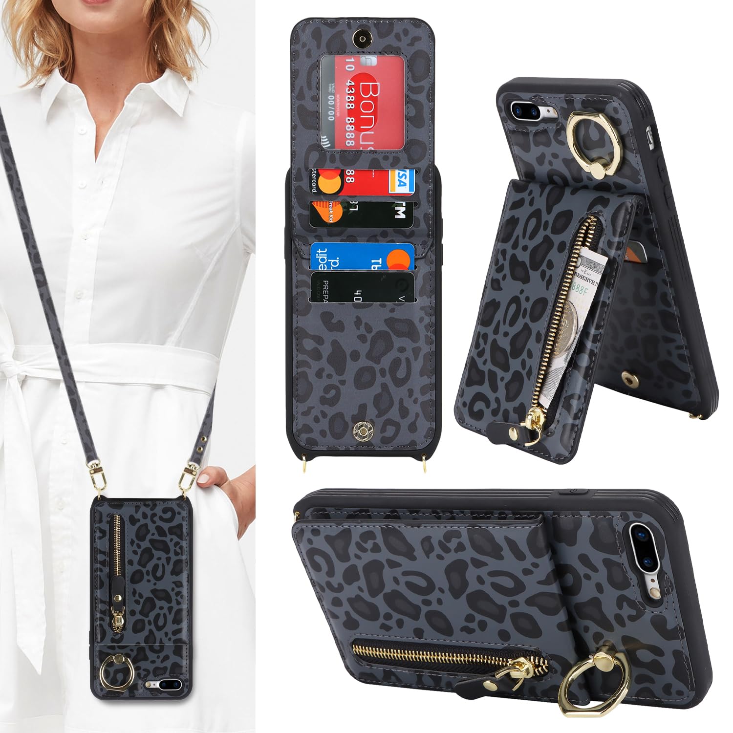 iPhone 7 Plus/8 Plus Wallet Case with Card Holder, Wrist Strap & Ring Stand - Crossbody Phone Purse for Women | Black Leopard Print | Perfect for Travel, Shopping & Everyday Use