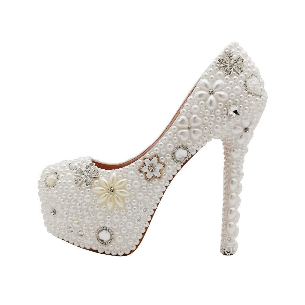 14CM Round Toe Viscose Low Top Retro Pearl Banquet Stiletto Heel Solid Color Women's Shoes - Perfect for Evening Parties, Weddings & Special Occasions