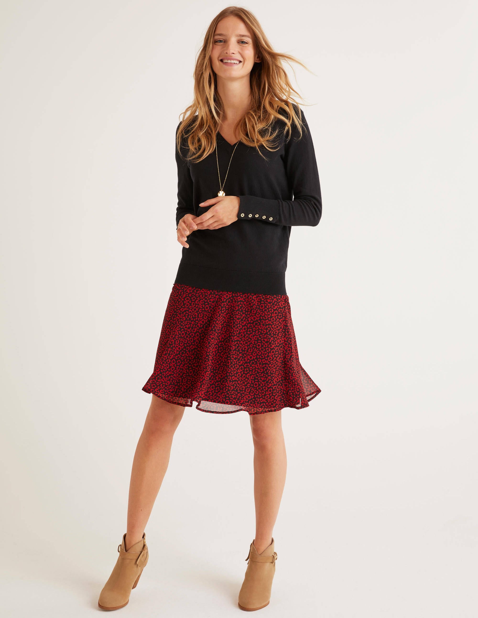 Astolat Mini Skirt with Poinsettia & Animal Print - Floral Christmas Party Dress for Women | Holiday Outfit, Festive Occasions, Date Night