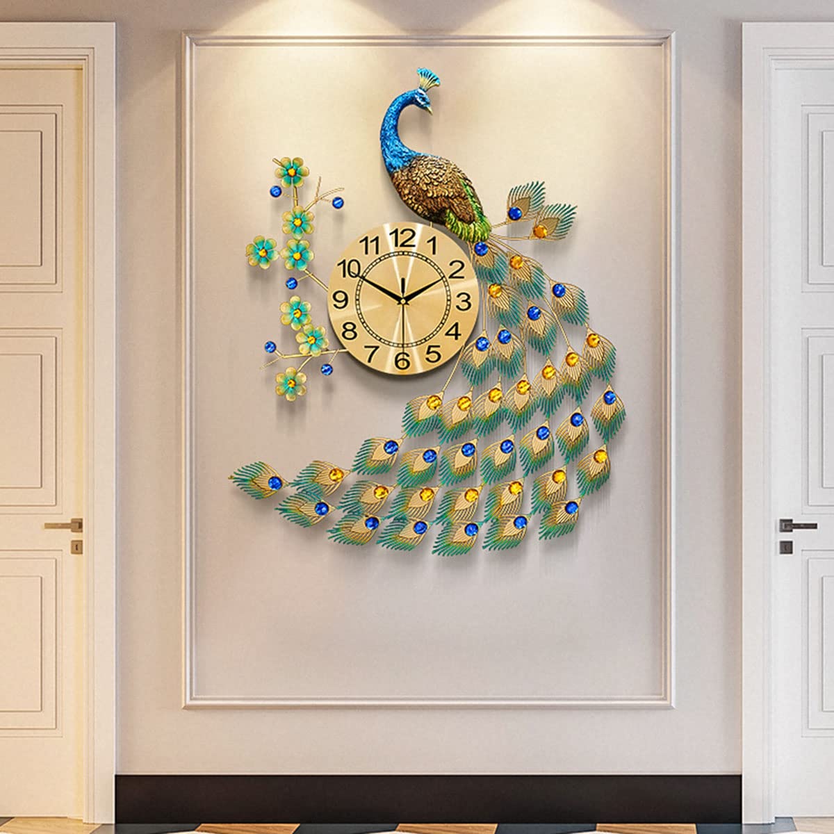 30.7 Inch Large Peacock Wall Clock - Silent Non-Ticking Metal Art Digital Clock for Living Room, Bedroom & Office Decor | Elegant Home Wall Decor