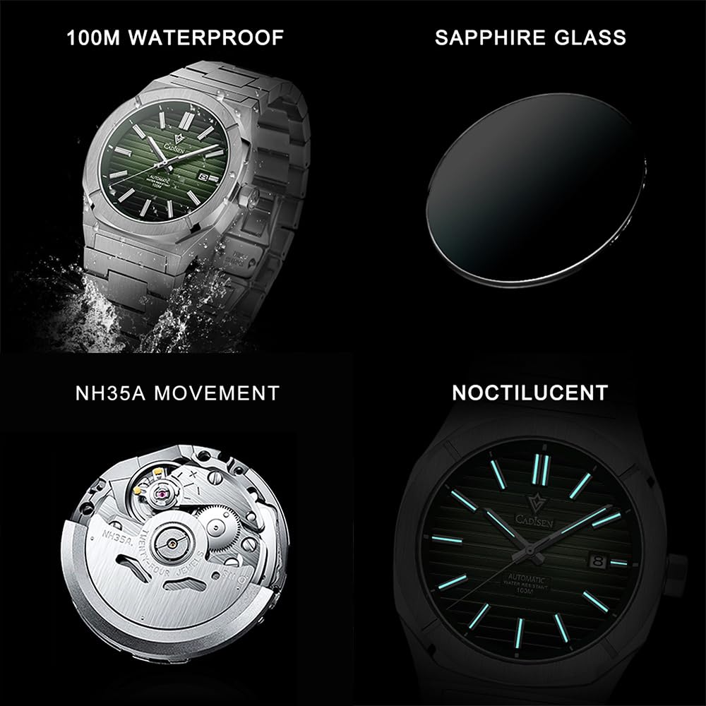 CADISEN Men's Automatic Watch with NH35 Movement - Sapphire Crystal Glass, Waterproof, Casual & Business Dress Watch for Men - Perfect for Office, Formal Events & Everyday Wear