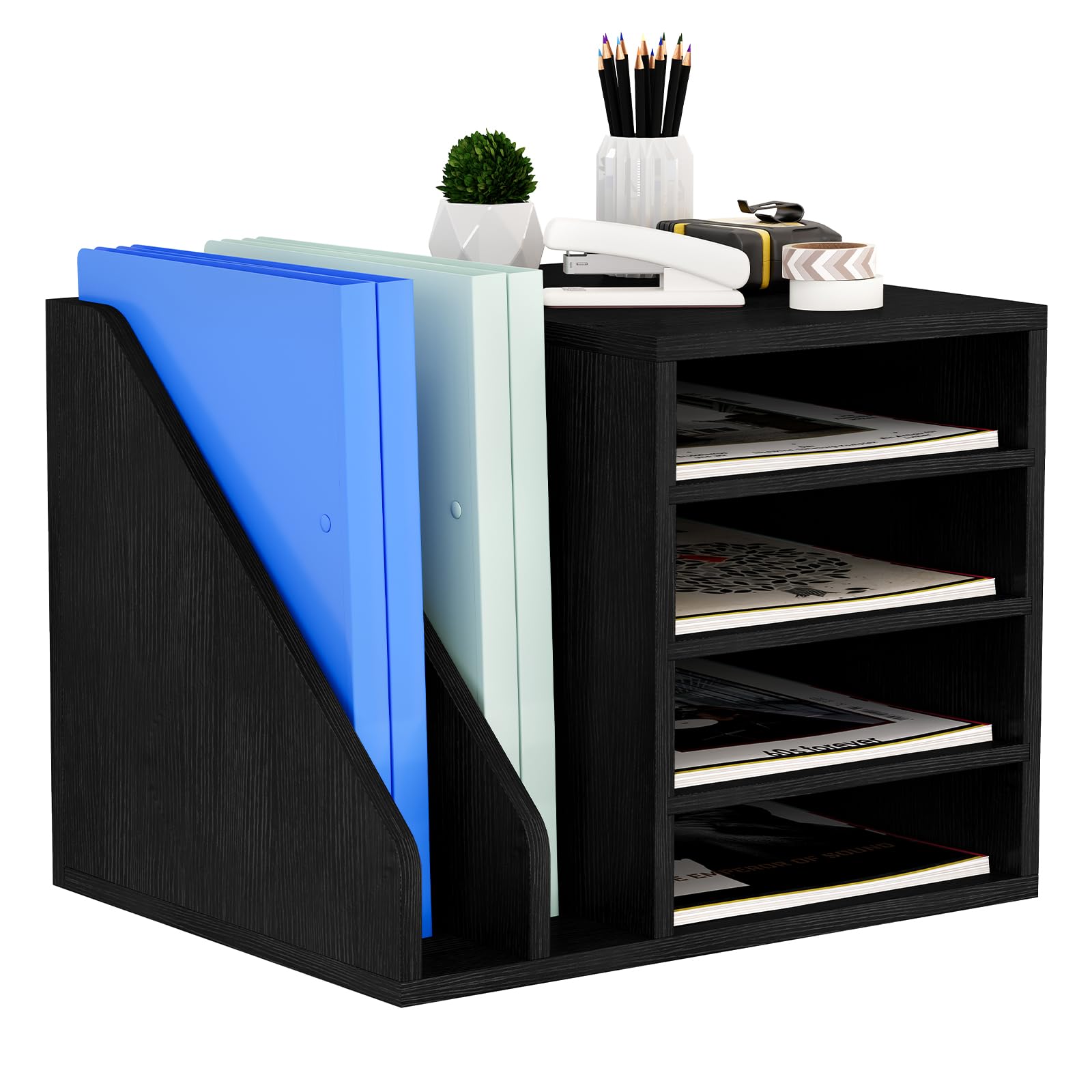 Wooden File Holder with Adjustable Compartments - Desktop Mail & Paper Organizer for Home Office School - Black Envelope Sorter & Document Organizer - Perfect for Bills, Letters, Office Supplies & Mail Sorting