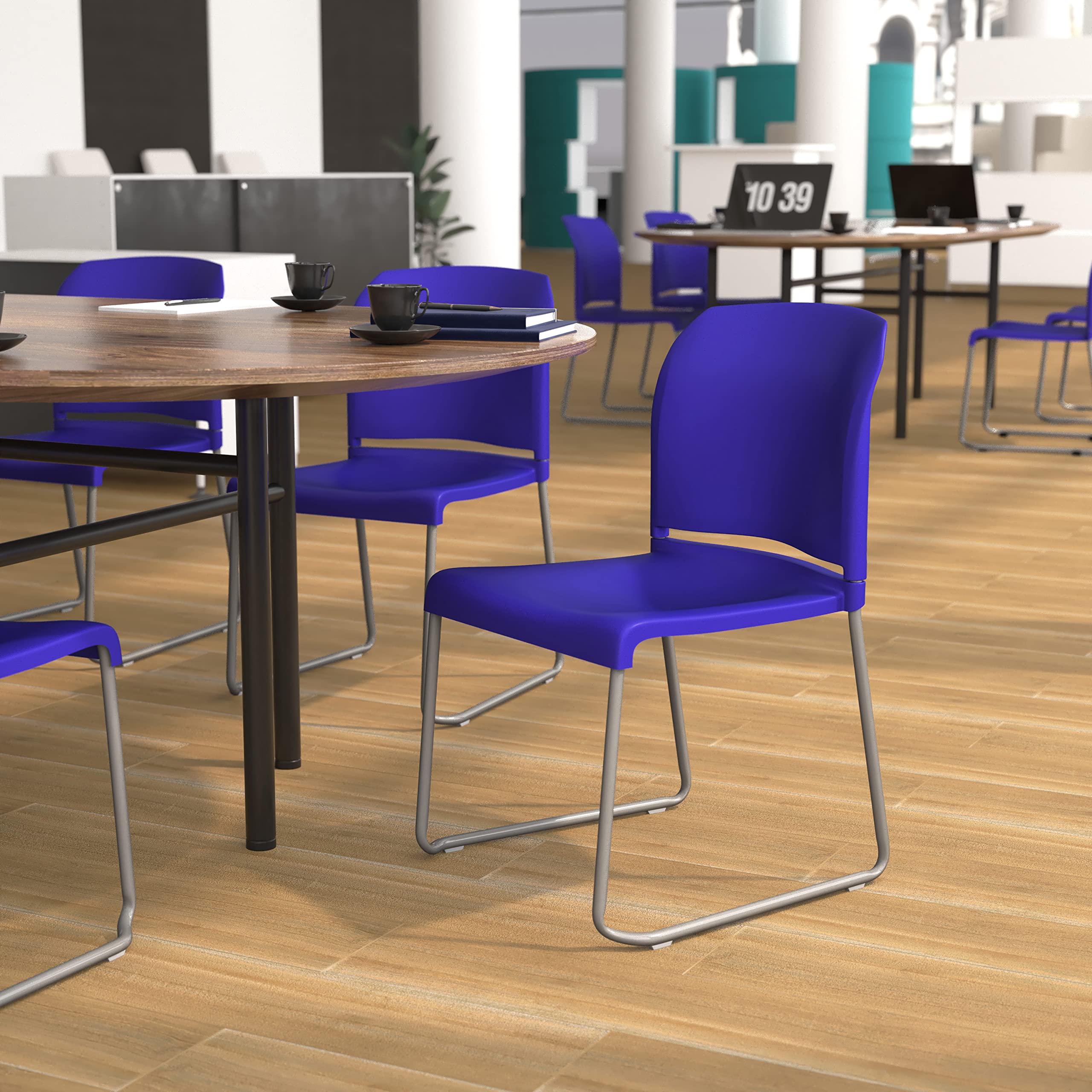 EMMA + OLIVER Egan Heavy Duty Stack Chair - Blue Full Back Ergonomic Seat - 880 lb Weight Capacity - Gray Powder Coated Sled Base - Perfect for Office, Conference Room, and Event Seating