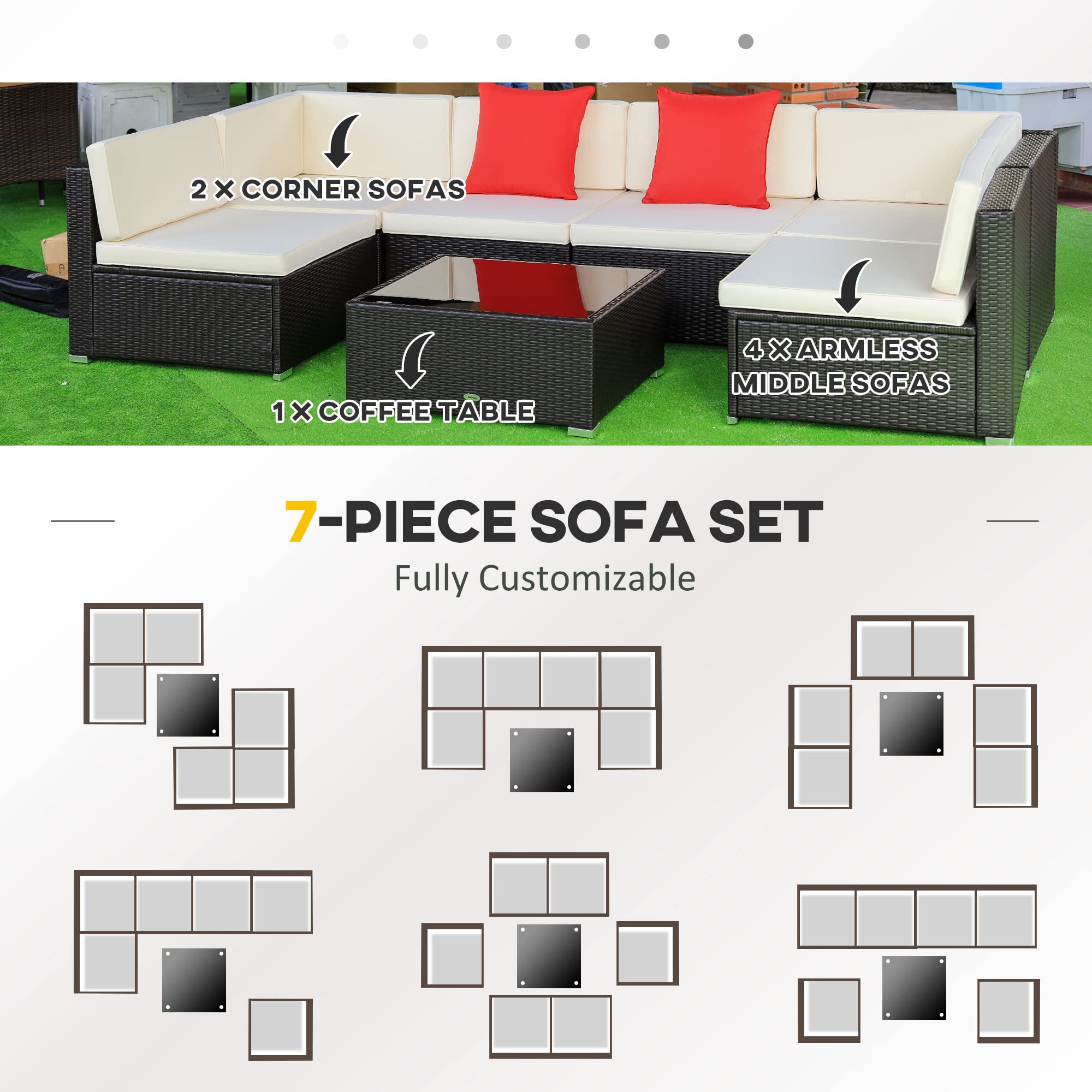 Outsunny 7-Piece Outdoor Patio Furniture Set - PE Rattan Wicker Sectional Sofa with Cushions, Throw Pillows & Coffee Table in Orange & Cream | Perfect for Backyard, Garden, Poolside & Patio Relaxation