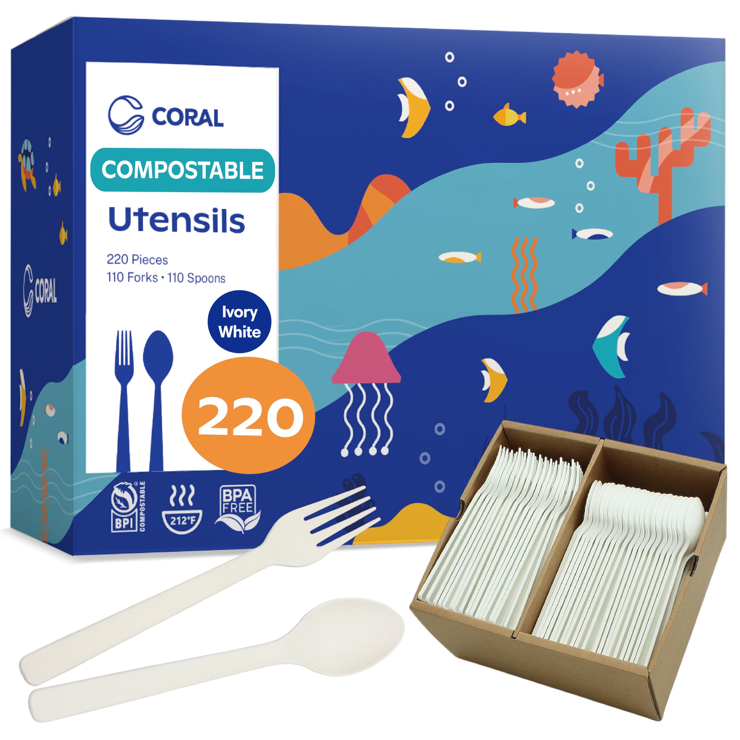 Eco-Friendly 220-Piece Compostable Cutlery Set - 110 Forks & 110 Spoons | Coral Ivory White Plastic-Free Utensils | Durable, Smooth-Edged, Ocean-Safe Alternative for Parties, Picnics, Camping & Outdoor Dining