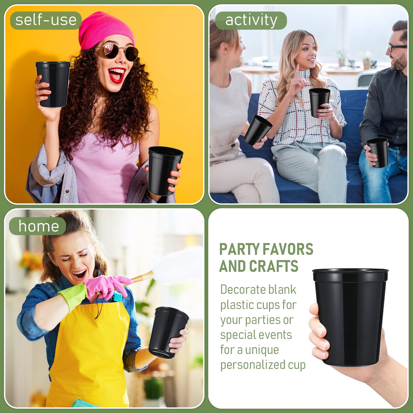 36 Pack 16oz Reusable Plastic Stadium Cups - Blank Black Drink Tumblers for Parties, Events, DIY Projects (4.5 x 3.54 x 2.72 Inch) - Perfect for Tailgates, BBQs, Weddings & Outdoor Gatherings