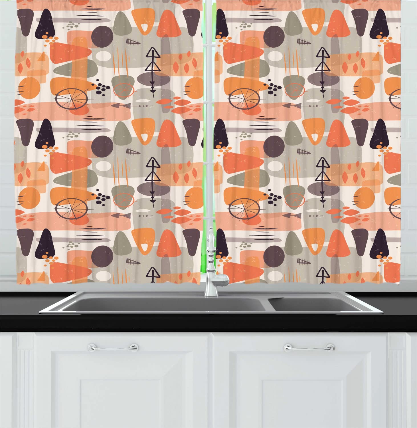 Ambesonne Abstract Long Kitchen Curtains - Grunge Distressed Effect Surreal Print, 2 Panel Drapes with Rod Pocket, 55x45 Inches, Off White & Multicolor - Perfect for Bohemian, Modern & Farmhouse Kitchen Decor