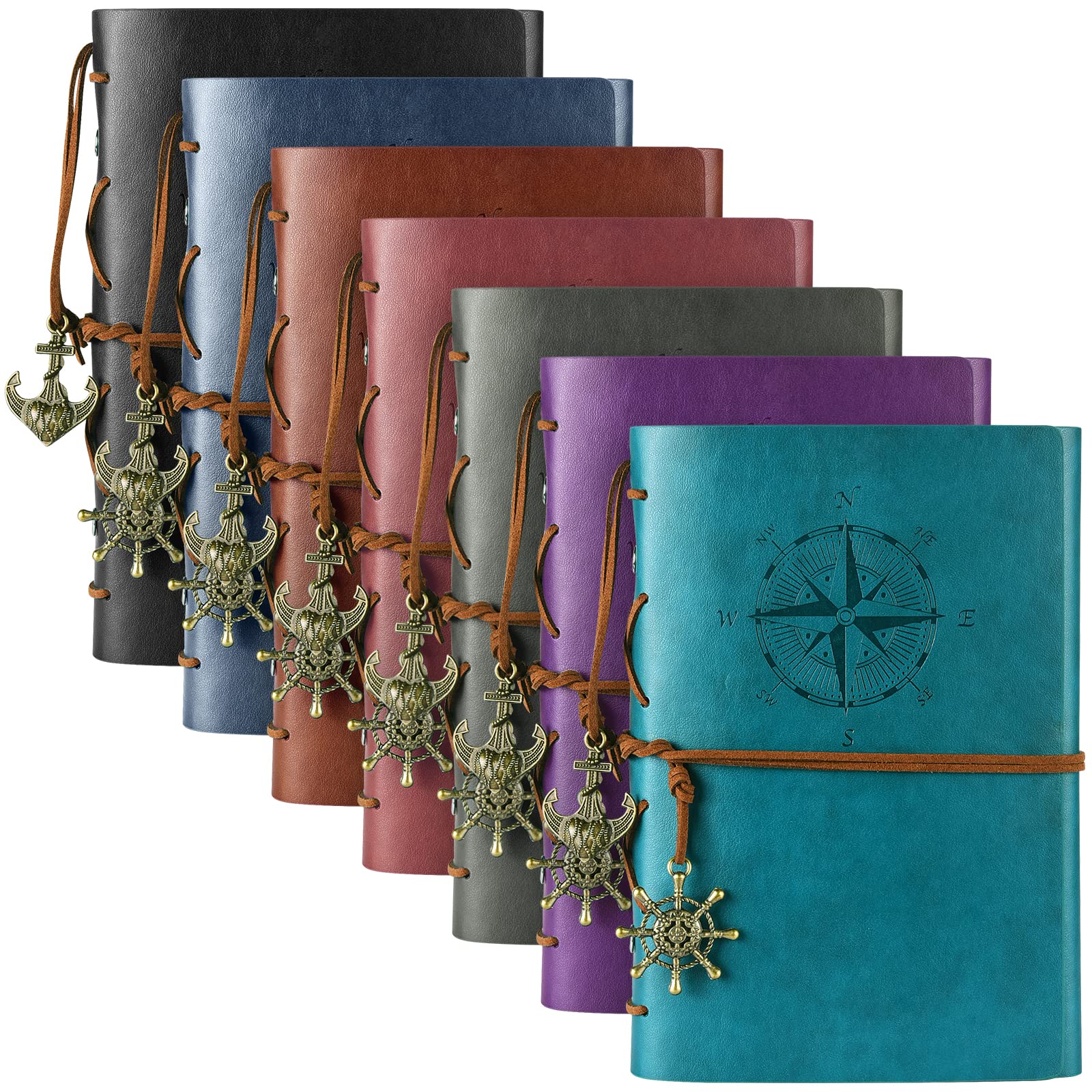 7-Pack Refillable PU Leather Journals & Notebooks - 7x5 Inch Lined Writing Notebooks with Vintage Pendants - Perfect Travel Journal Set for Women, Men & Students - Great Gift Idea for Writers, Note-Taking & Daily Journaling - Multicolor Collection