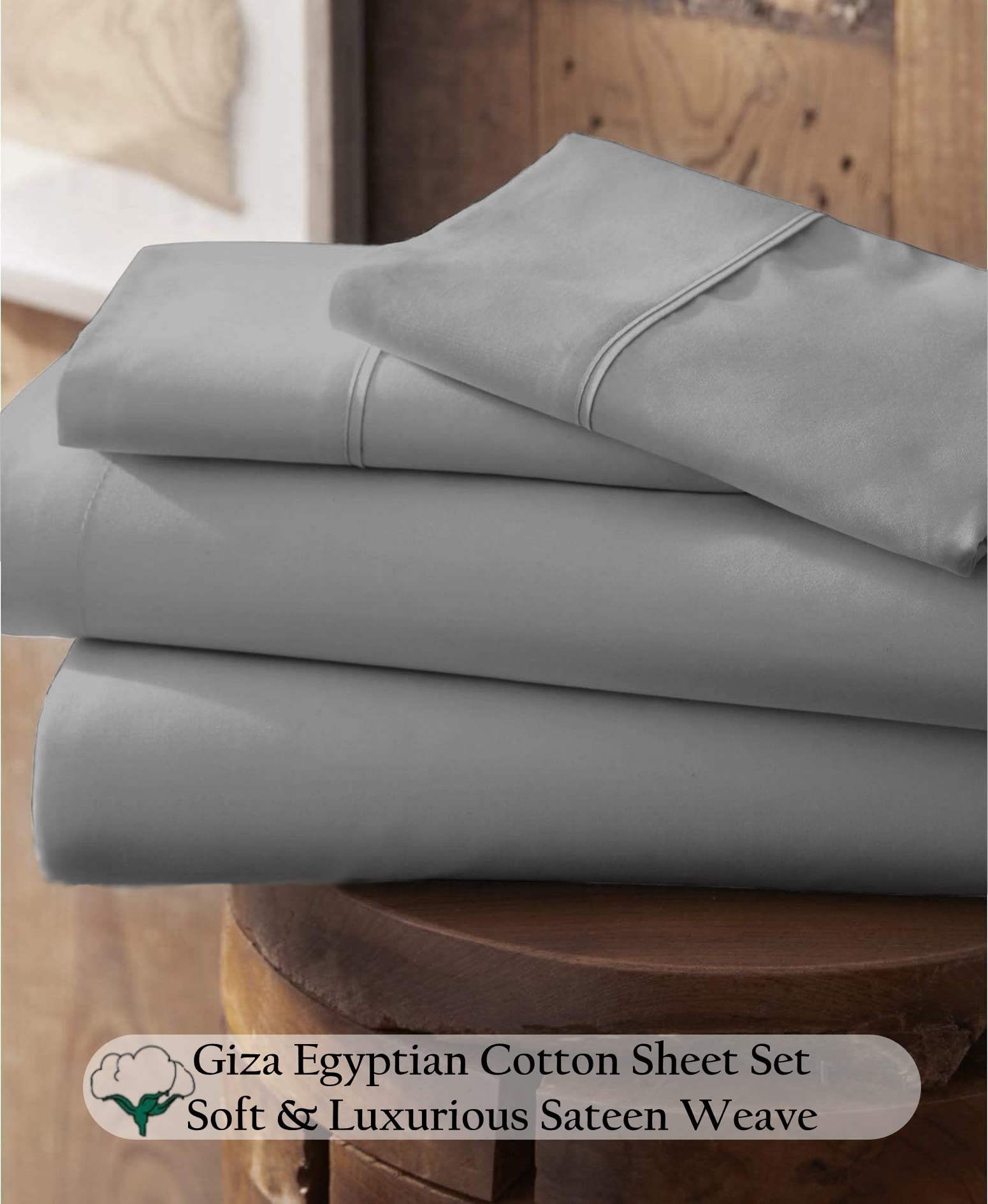 Premium 100% Certified Giza Cotton Pillowcase & Sheet Set - Queen Size, Ultra Soft Sateen Weave, Breathable Egyptian Cotton Bedding for 15-Inch Deep Pocket Mattress (Light Grey) - Perfect for Luxury Hotels, Guest Rooms & Master Bedrooms