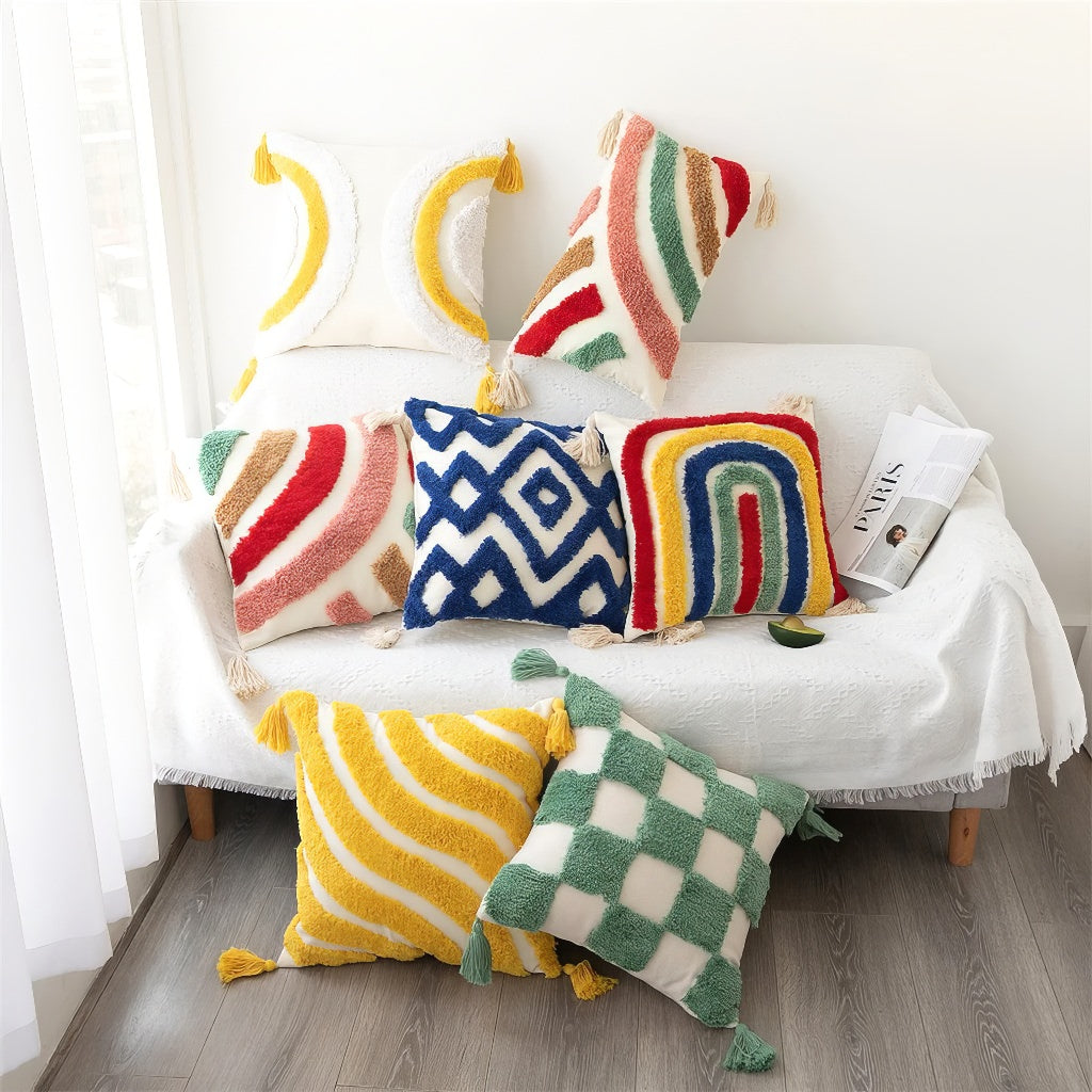 Wavy Yellow Stripes Tufted Cushion Cover - Soft Decorative Pillow Case for Sofa, Bed & Home Decor - Perfect for Living Room, Bedroom & Nursery