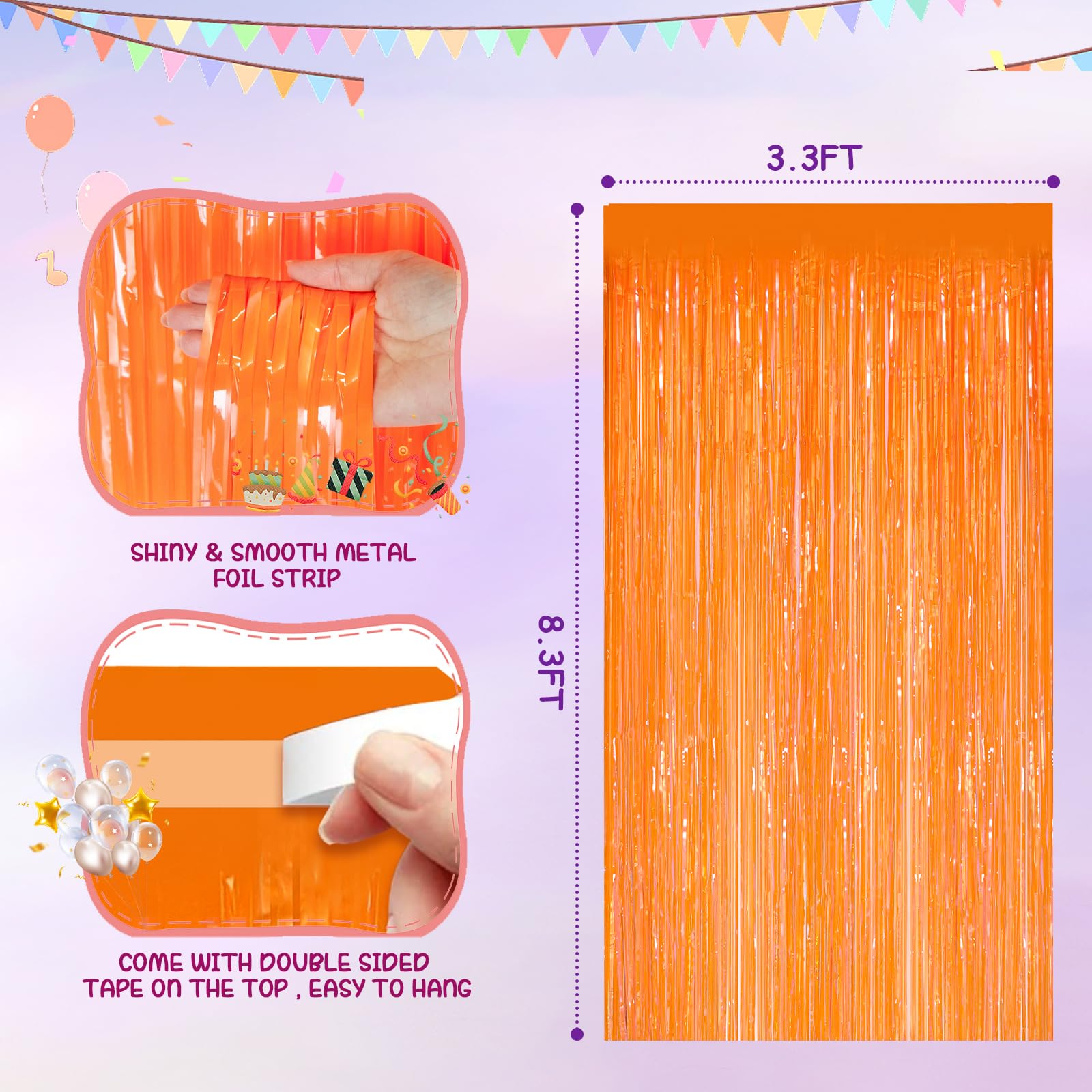 2 Pack Orange Metallic Tinsel Foil Fringe Curtains - 3.3x8.3 Feet Party Streamers for Birthday, Christmas & Holiday Decorations | Perfect for Doorways, Photo Backdrops & Event Decor