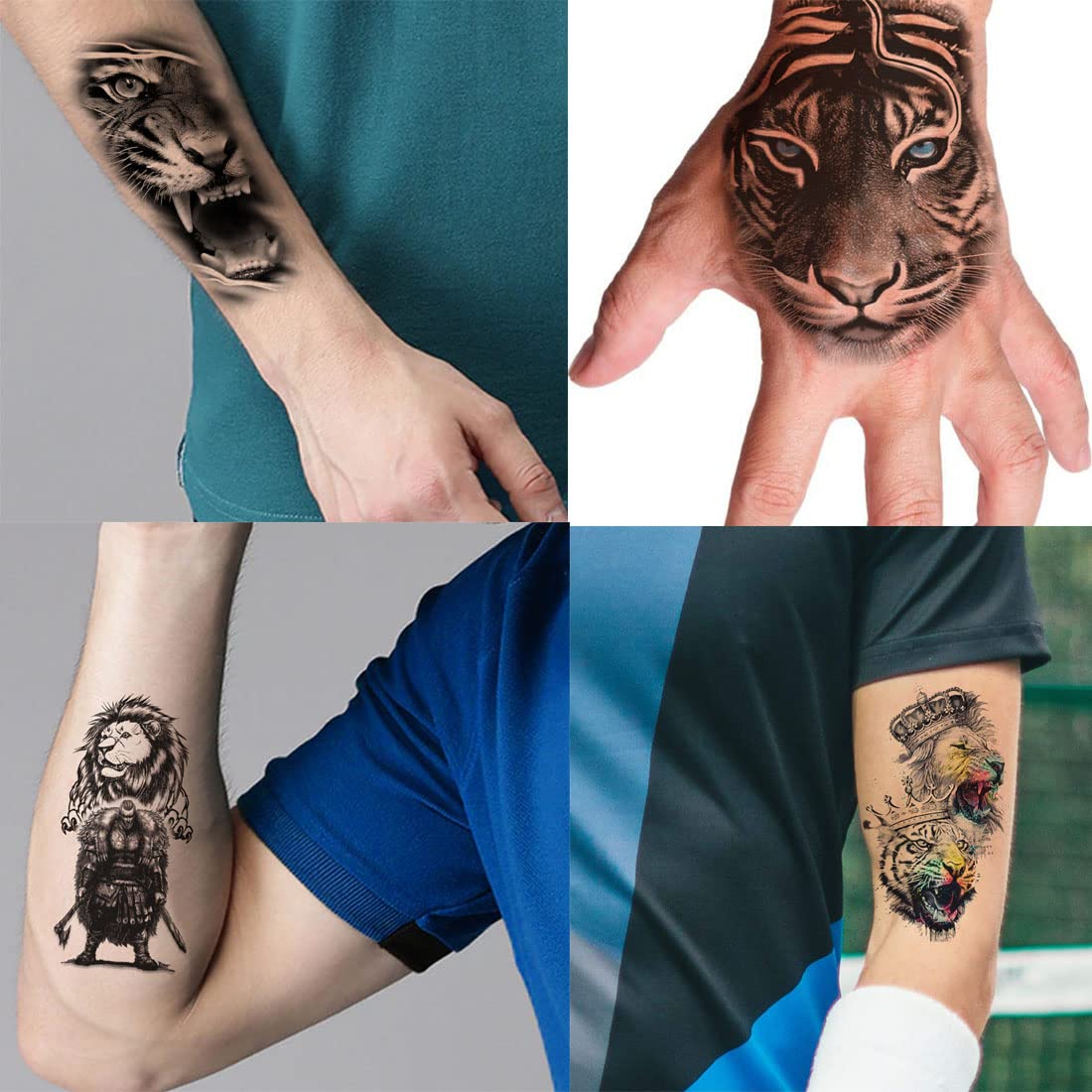 Lion & Tiger Kings Temporary Tattoo Stickers - Pack of 4 Waterproof Fake Tattoos for Men & Women (2x4 Inch) - Perfect for Parties, Festivals & Body Art