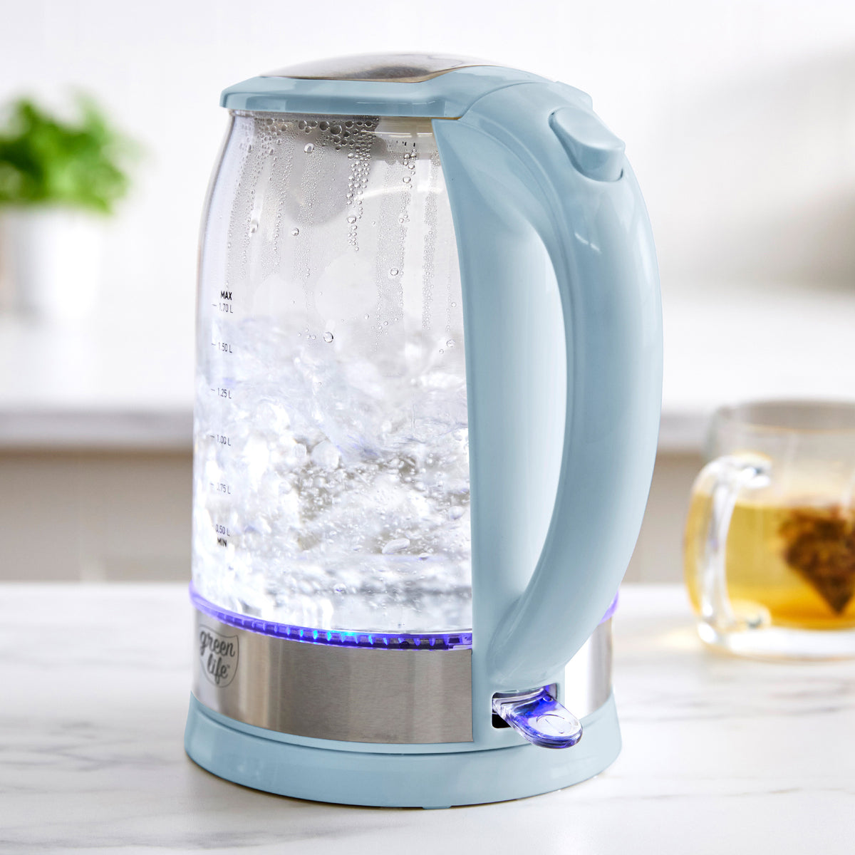 GreenLife Qwik & EZ Glass Kettle - 1.7L Fast Boiling Electric Water Kettle with LED Light & Auto Shut-Off | Blue Haze | Perfect for Tea, Coffee & Office Use