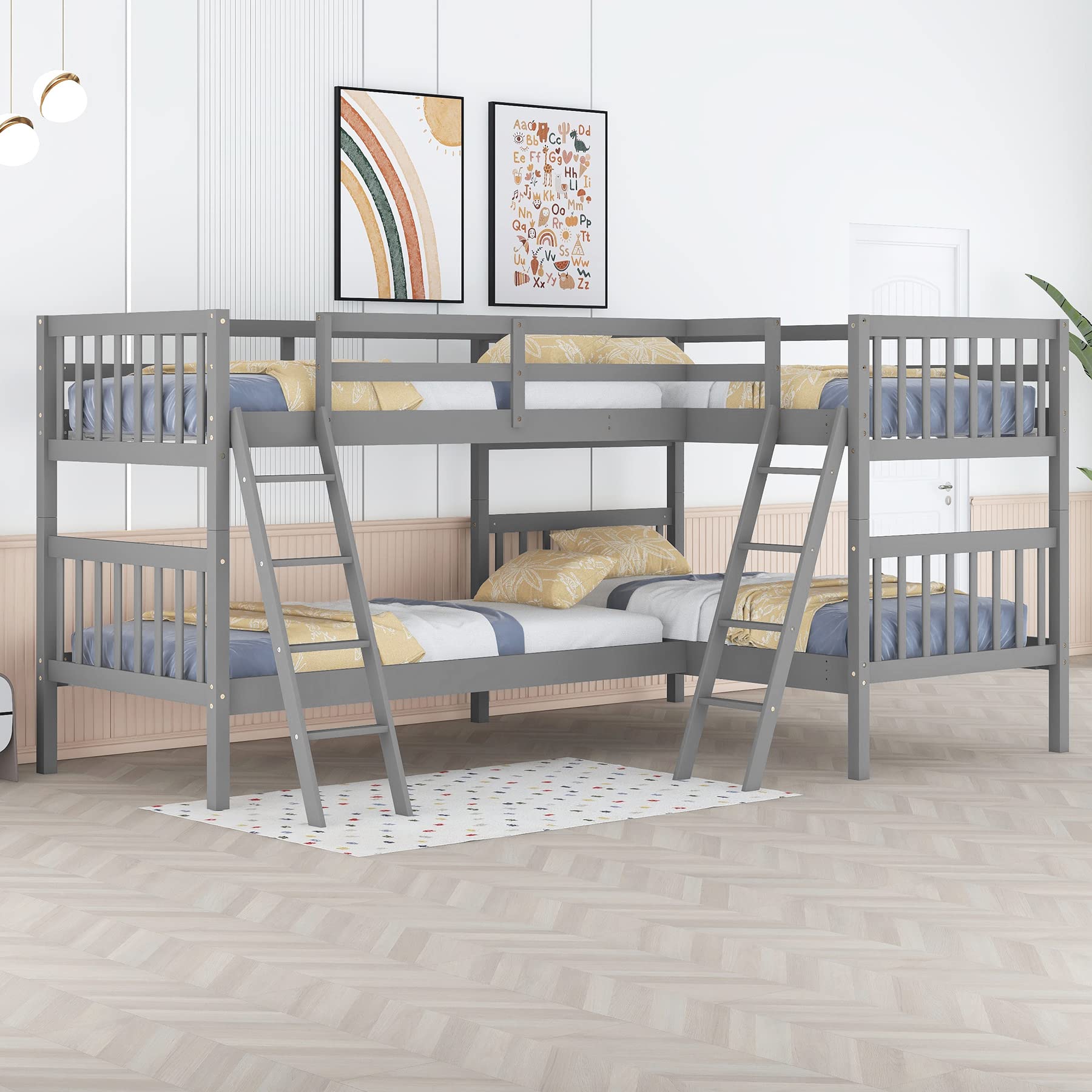 Twin Over Twin L-Shaped Quad Bunk Bed for 4 Kids - Sturdy Wood Loft Bed for Boys, Girls & Teens - Space-Saving Gray Bunk Bed for Small Rooms, Dorms & Shared Kids' Bedrooms