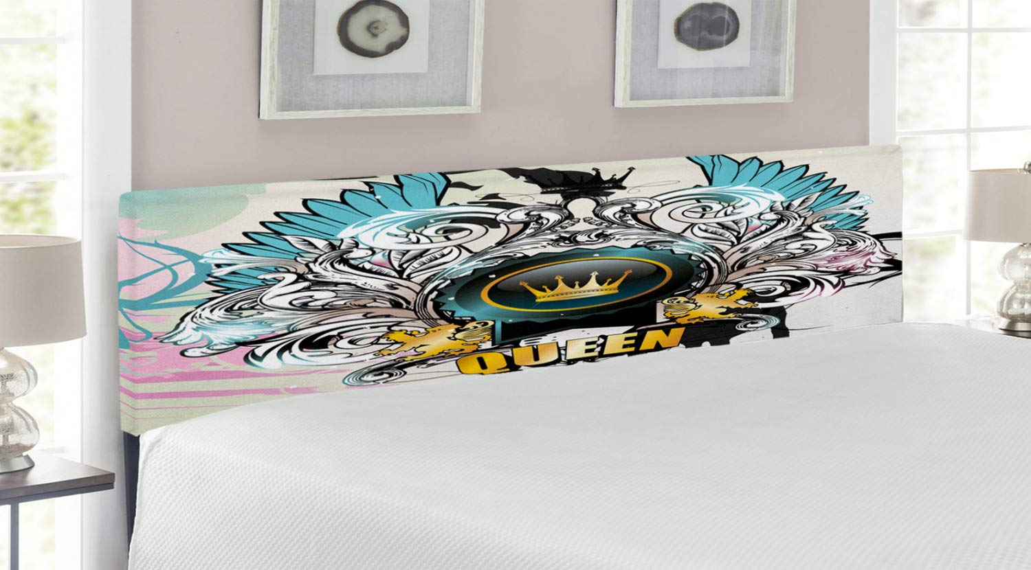 Ambesonne Queen Upholstered Headboard with Memory Foam - Victorian Floral Design with Crown Wings & Shield Arms - Decorative Metal Bed Frame for Royal Bedroom Decor - Perfect for Master Bedroom, Guest Room & Luxury Home Staging
