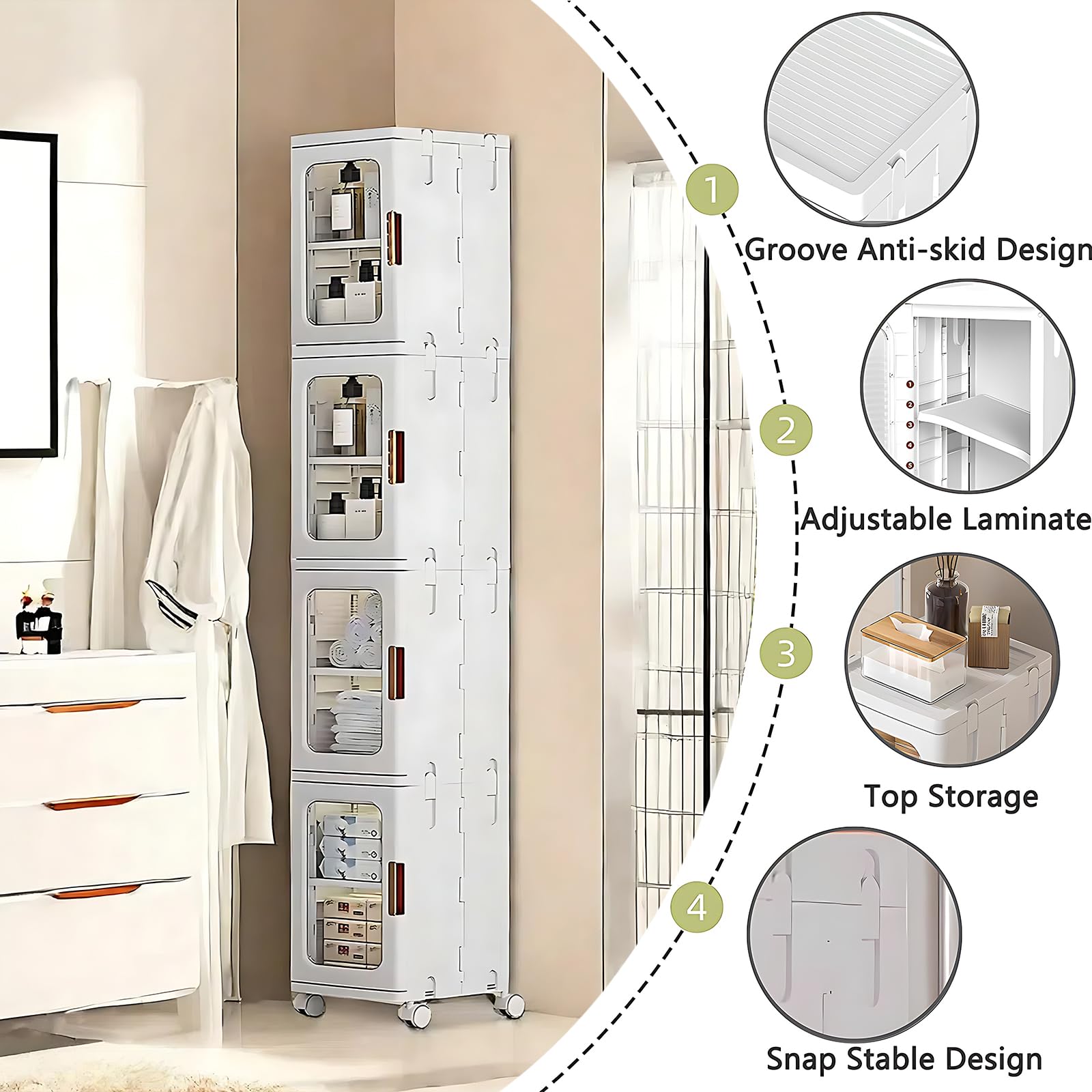 4-Tier Slim Tall Bathroom Storage Cabinet with Adjustable Shelves & Doors - Freestanding Narrow Linen Organizer for Small Spaces, Laundry Room & Bathroom Organization | Perfect for Towels, Toiletries & Cleaning Supplies
