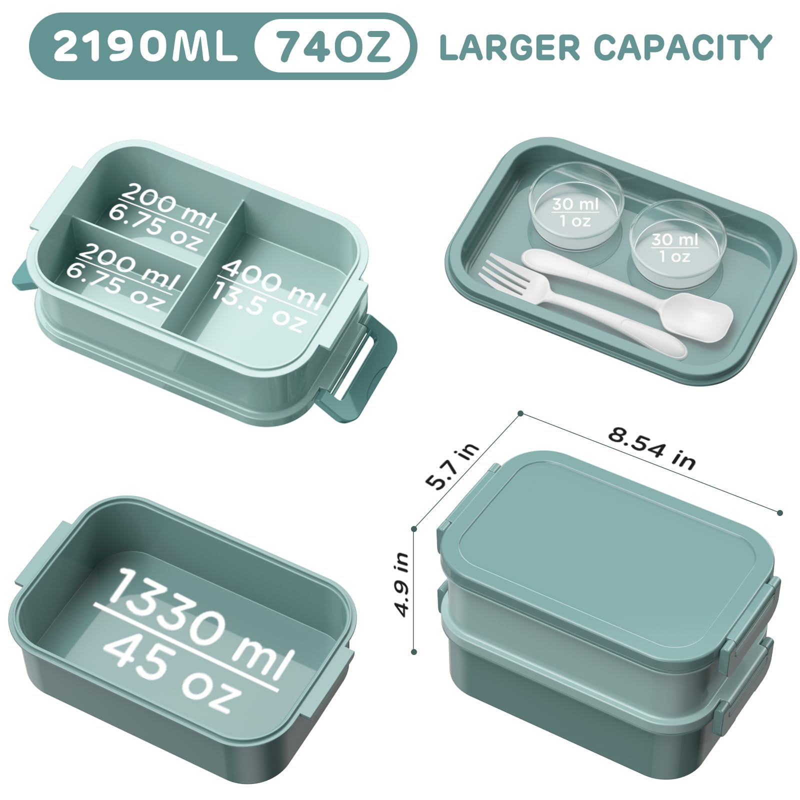 DaCool 74oz Stackable Bento Lunch Box for Adults - Leakproof Meal Prep Container with Fork, Spoon & Sauce Boxes - Perfect for Work, School, Picnics & Dining Out - Morandi Green