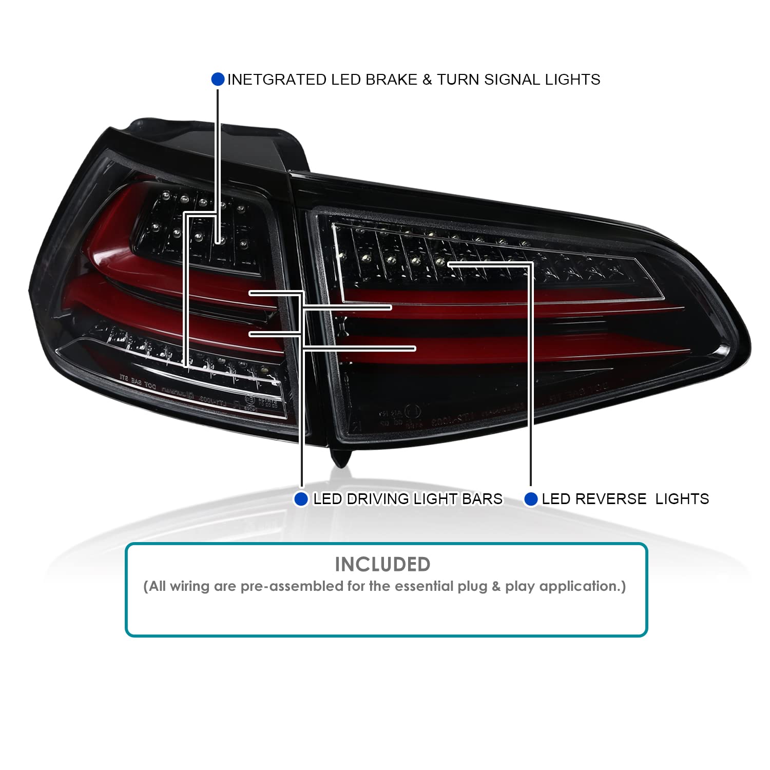 Spec-D Tuning Jet Black Housing Red LED Bar Tail Lights for 2015-2017 Volkswagen Golf GTI - Left & Right Pair Assembly | Enhanced Night Visibility & Style Upgrade for Your VW GTI