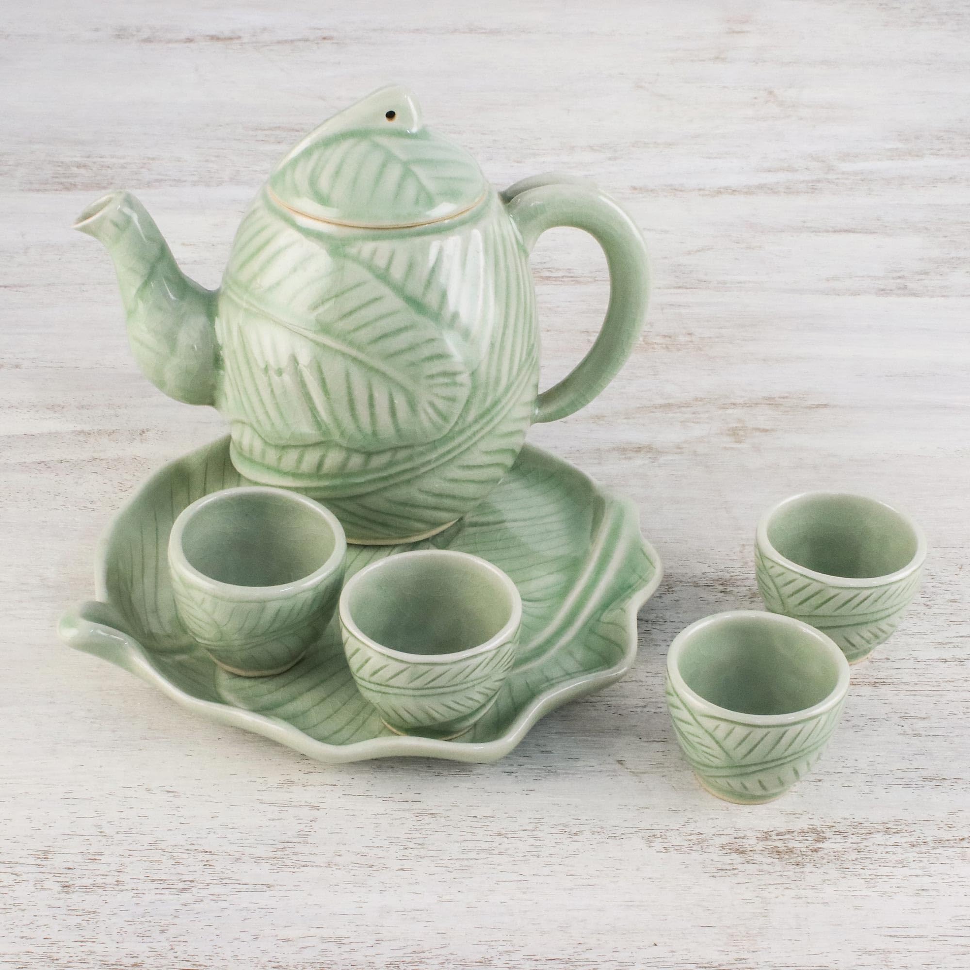 NOVICA Handcrafted Green Celadon Ceramic Tea Set with Leaf & Tree Design - 1 Oz, 'Peaceful Islands' (4-Piece Set) | Perfect for Afternoon Tea, Zen Meditation & Asian-Inspired Home Decor