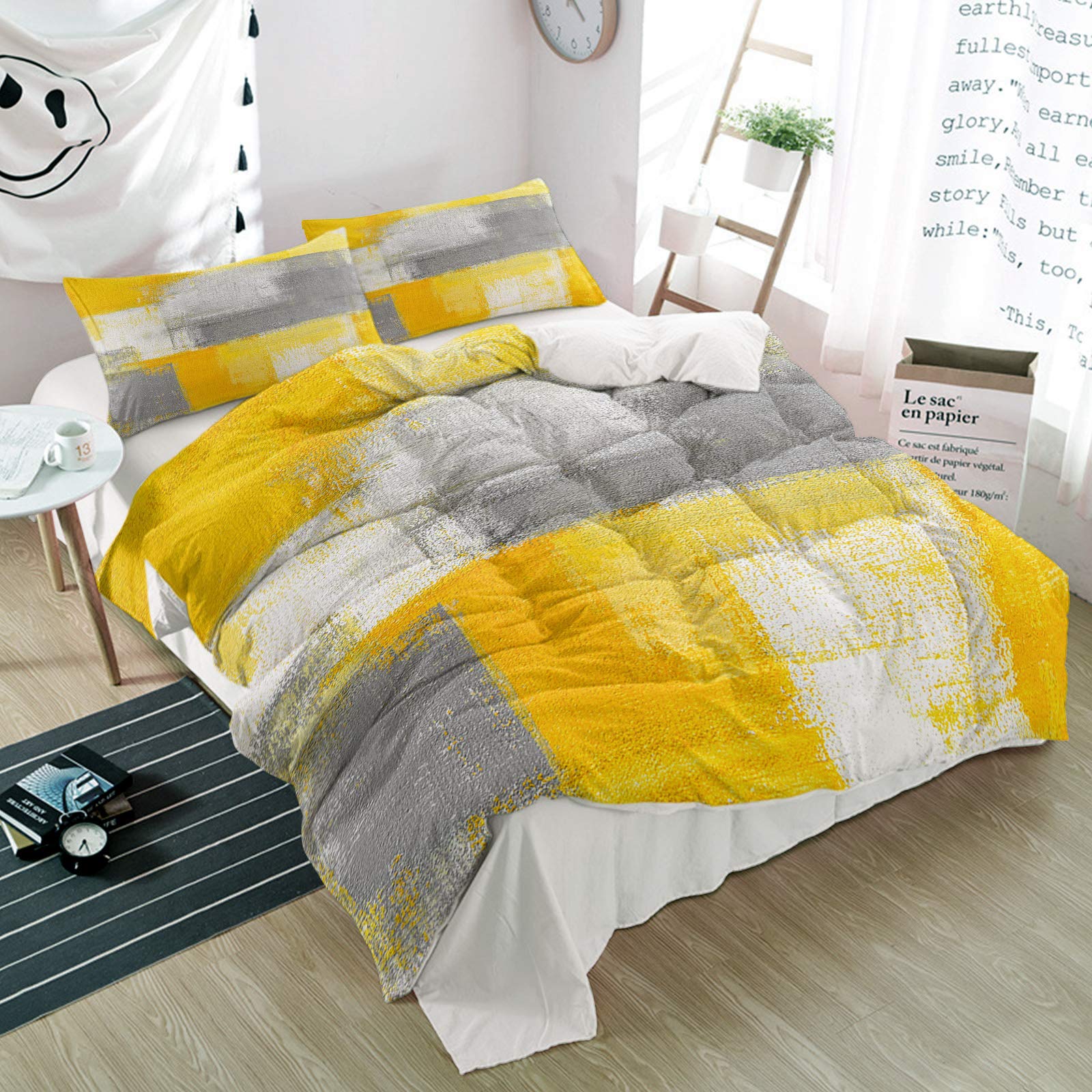 3-Piece Cal King Duvet Cover Set - Retro Oil Painting Design in Yellow & Gray Geometric Blocks | Soft Microfiber Comforter Cover with Zipper Closure & Pillowcases | Perfect for Modern Bedroom Decor & Abstract Art Lovers