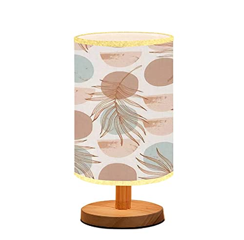 Abstract Textured Circle & Palm Leaf Nightstand Lamp - Minimalist Wooden Flaxen Fabric Shade Bedside Table Light for Bedroom, Living Room, Nursery & Breastfeeding - Modern Desk Lamp with Seamless Pattern Design