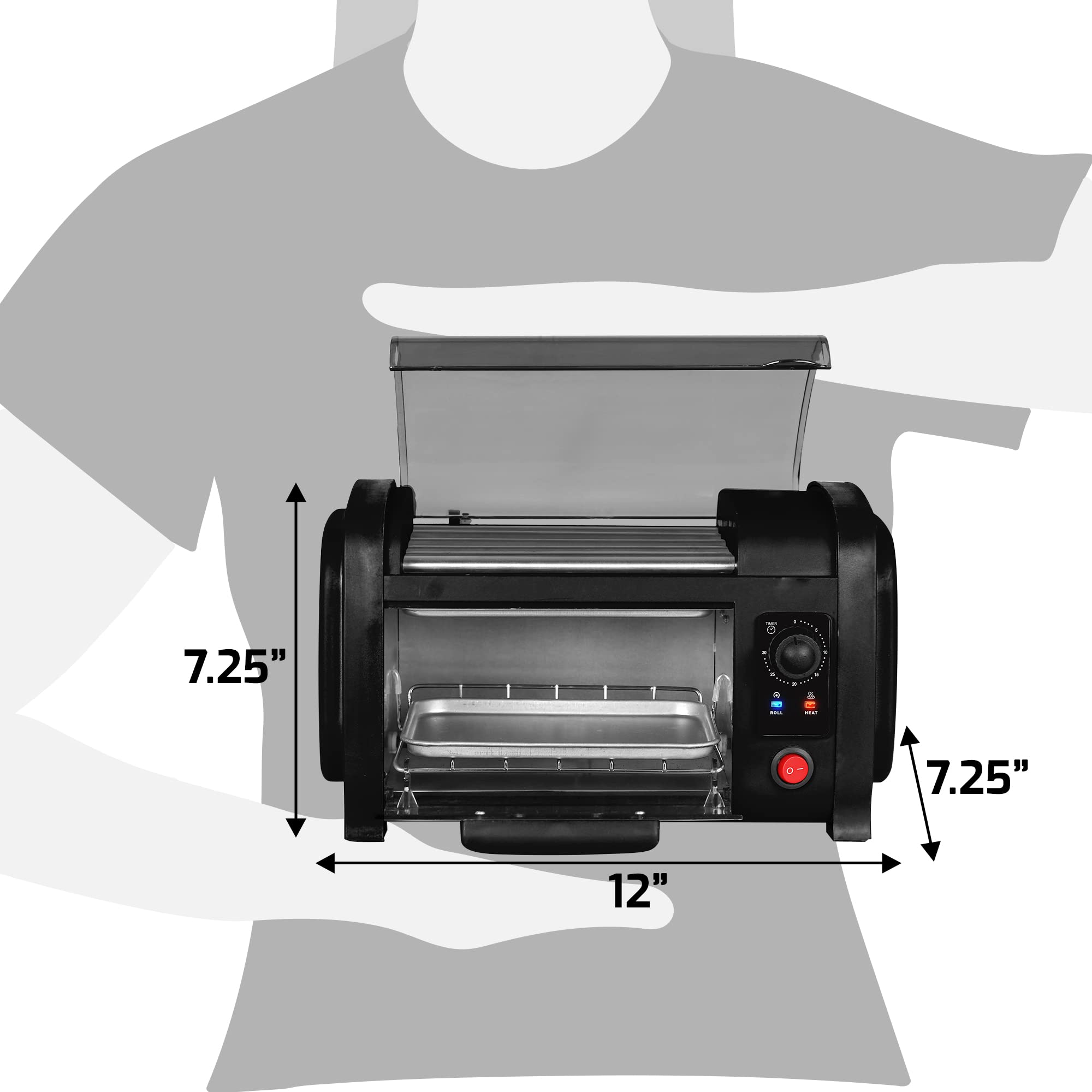 Elite Gourmet EHD-051B Hot Dog Toaster Oven - 4 Bun Capacity, 30-Min Timer, Stainless Steel Heat Rollers with Bake & Crumb Tray - Perfect for Baseball Game Nights, BBQs, and Quick Family Meals - Black