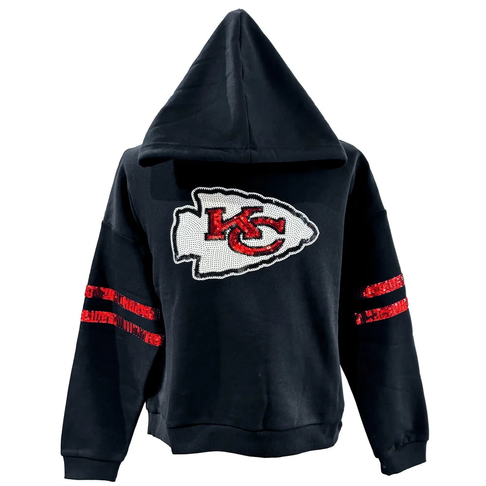 Kansas City Chiefs Women's Sequined Cropped Pullover Hoodie - Stylish NFL Fan Apparel for Game Day & Casual Wear