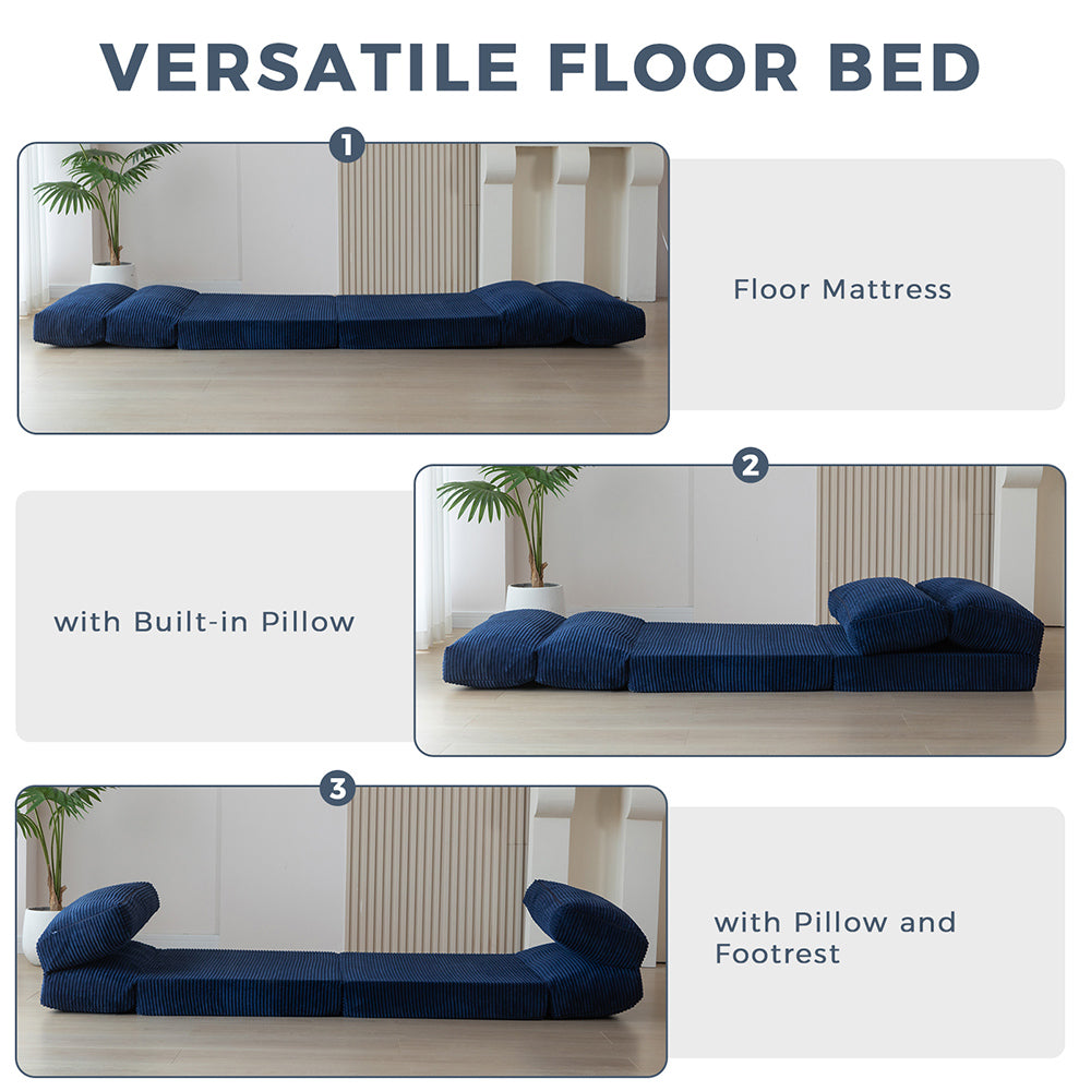 MAXYOYO Folding Sofa Bed - Extra Wide Corduroy Floor Mattress in Navy Blue | Convertible Sleeper for Small Spaces, Guest Room & Dorm | Comfortable Lounge Sofa for Living Room, Bedroom & Apartment